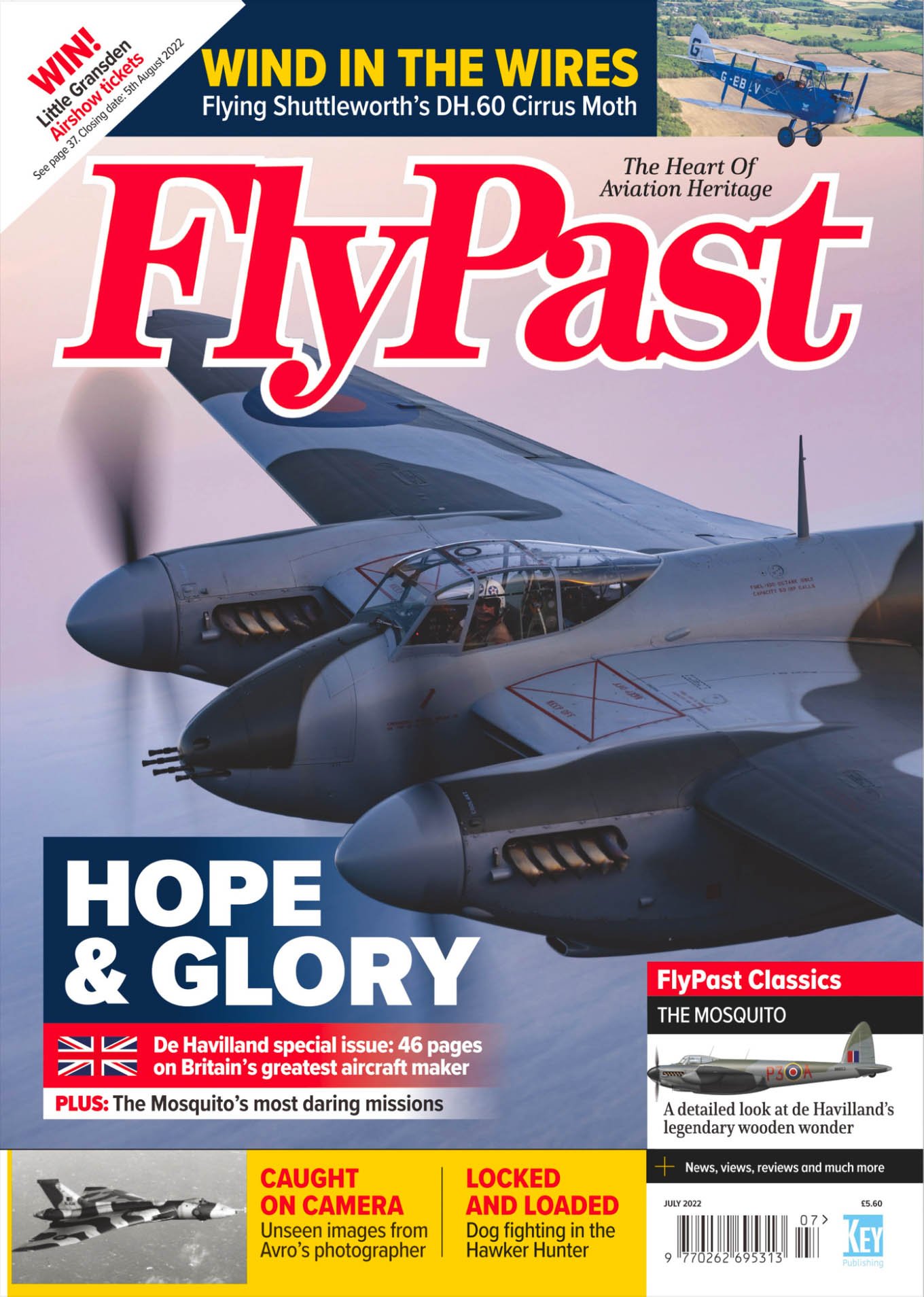 FlyPast magazine cover featuring a De Havilland Mosquito aircraft. Headlines include "Hope & Glory" and "FlyPast Classics: The Mosquito." The issue highlights Britain's aviation heritage with special coverage on De Havilland aircraft. Additional feat