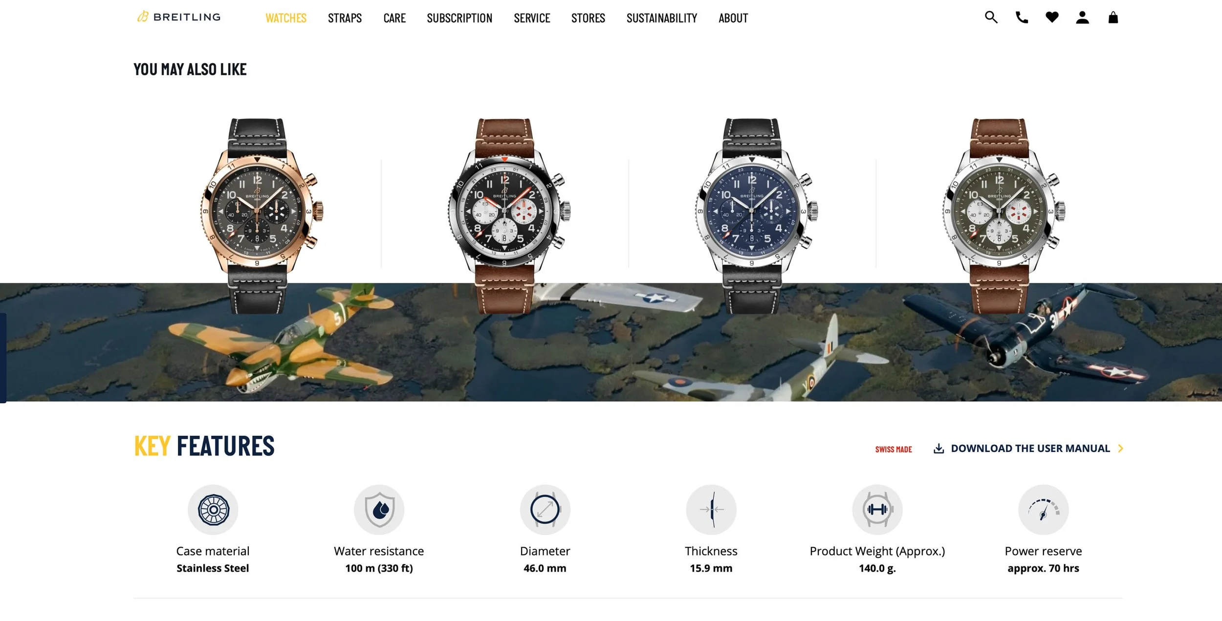 Image of a website featuring Breitling watches, showcasing four different chronograph models with leather straps against a background of vintage aircraft. The page includes key features such as stainless steel case material, 100 meters water resistan
