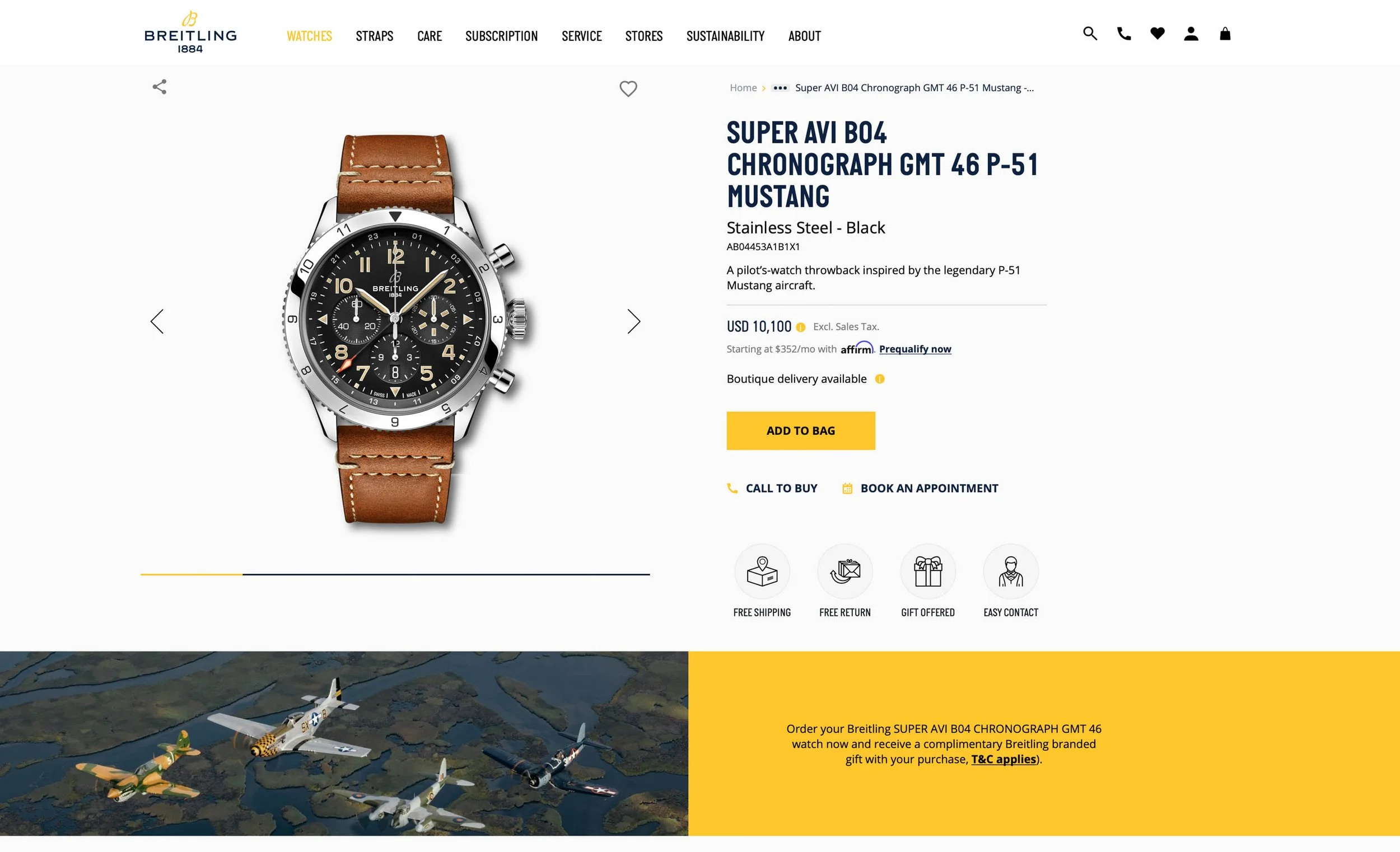 Breitling website page displaying the Super AVI B04 Chronograph GMT 46 P-51 Mustang watch with a brown leather strap and black dial. Price is USD 10,100. Includes purchase options, delivery details, and a promotional message about receiving a gift wi