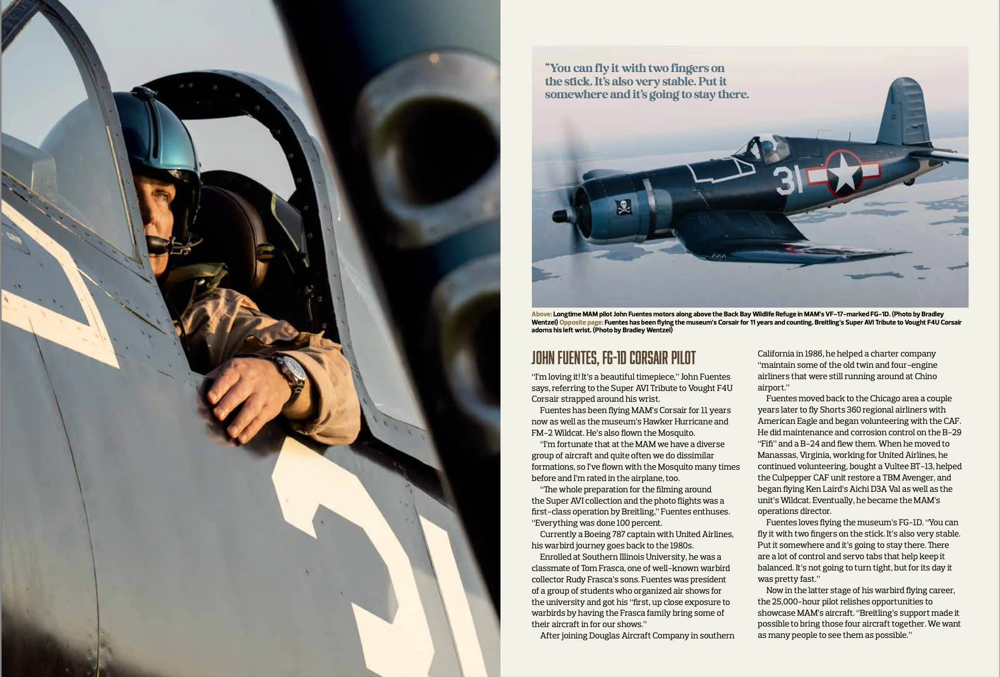A pilot wearing a helmet is seated in the cockpit of an aircraft, looking out. Next to this is a page featuring a smaller image of a vintage FG-1D Corsair aircraft in flight and text detailing the experiences of John Fuentes, the pilot flying the Cor
