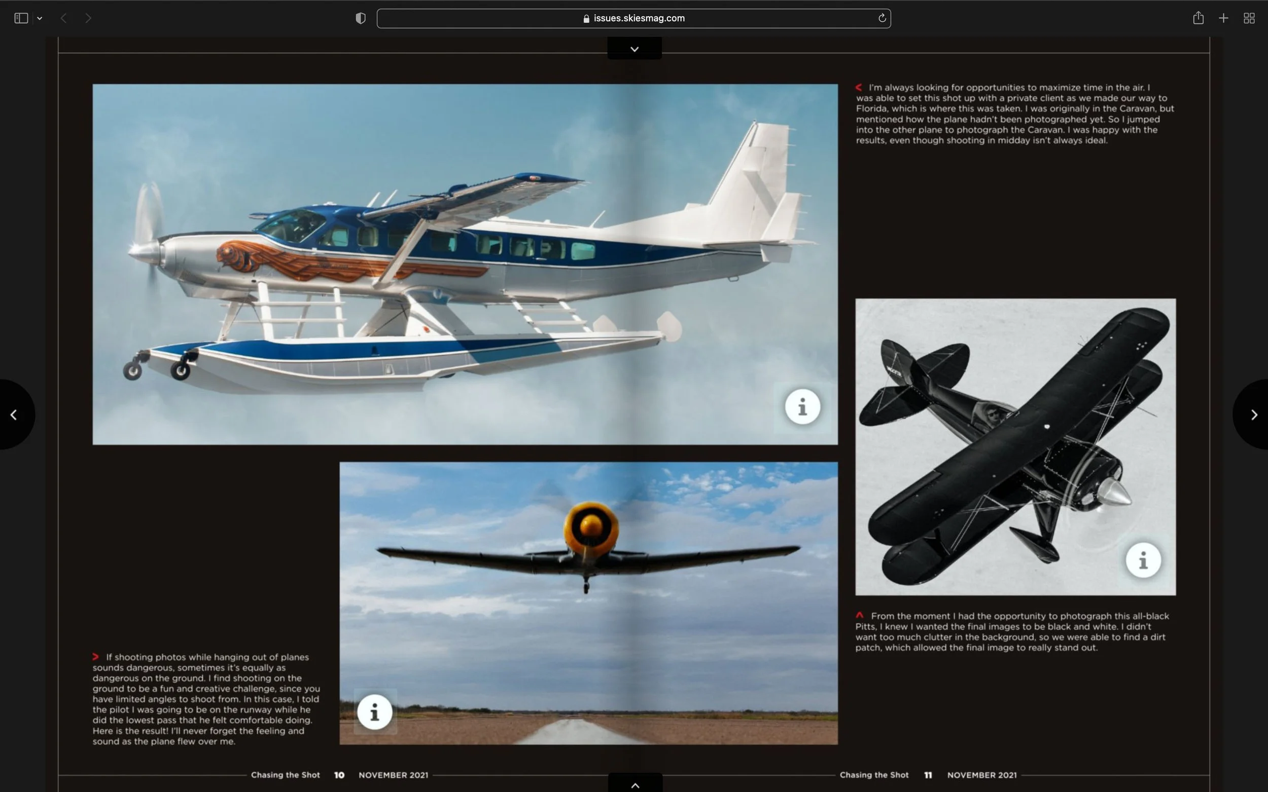 Magazine spread featuring three images of airplanes. Top left: a colorful seaplane in flight. Middle: a plane taking off viewed from a low angle with a clear sky. Right: a black and white photograph of an all-black biplane. Accompanying text describe