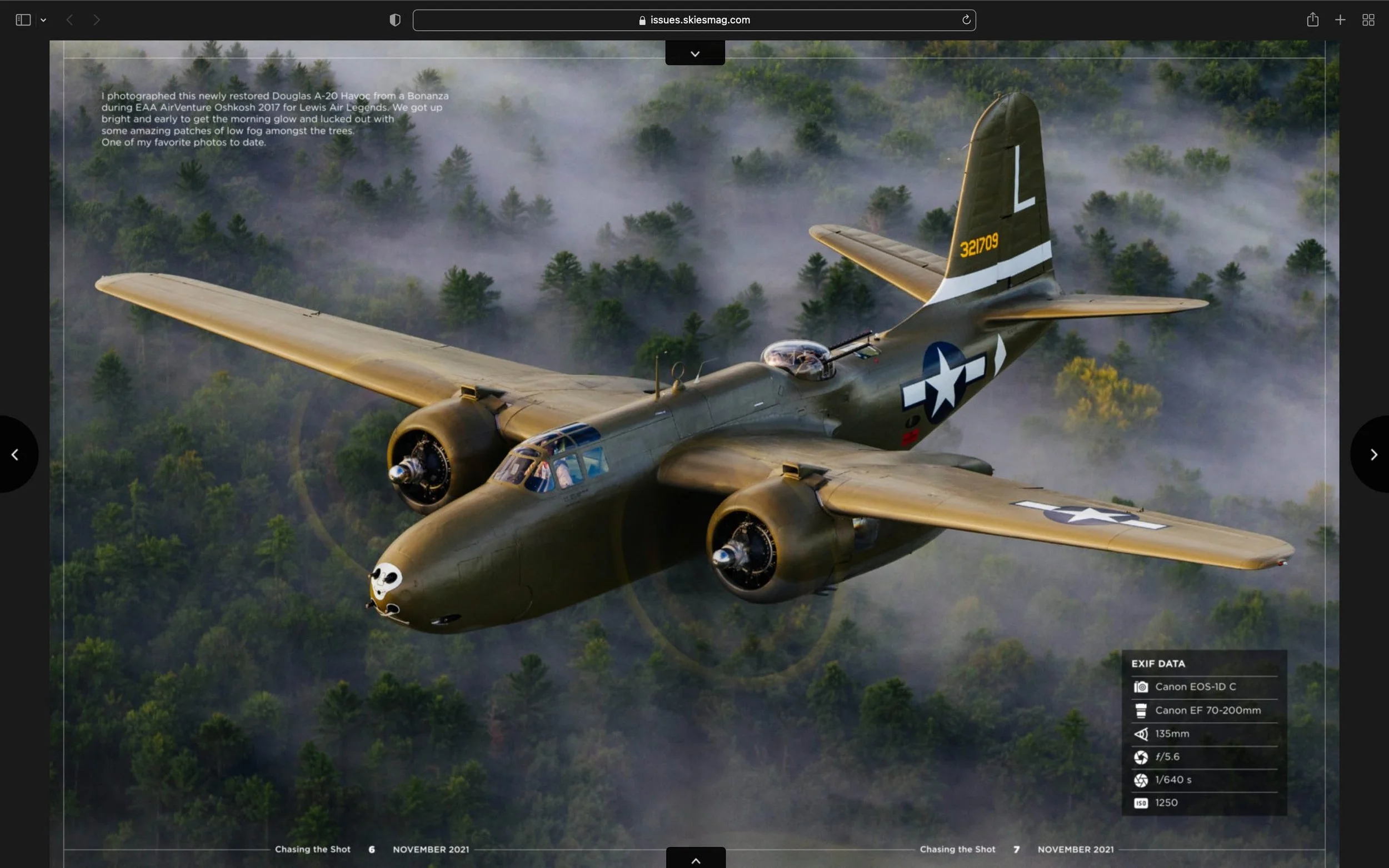 Douglas A-20 Havoc aircraft flying over a forest with mist