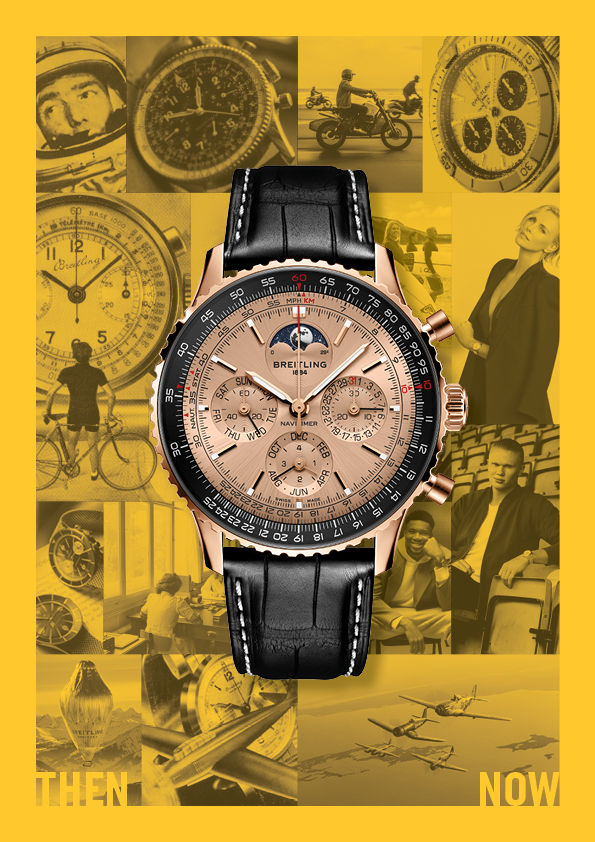 Breitling Navitimer wristwatch with leather strap in front of black-and-white historical aviation and lifestyle images on yellow background.