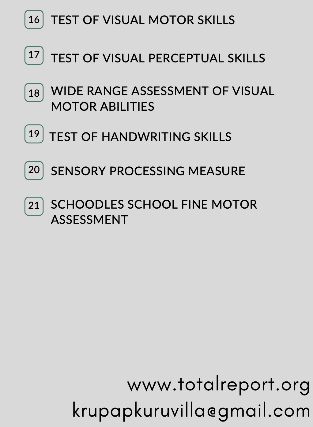 List of Popular Pediatric OT Assessments (cont'd)