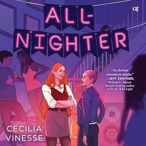 Book cover titled "All-Nighter" by Cecilia Vinesse, featuring two young women talking and a group of people in the background at a party with purple and pink neon lighting.