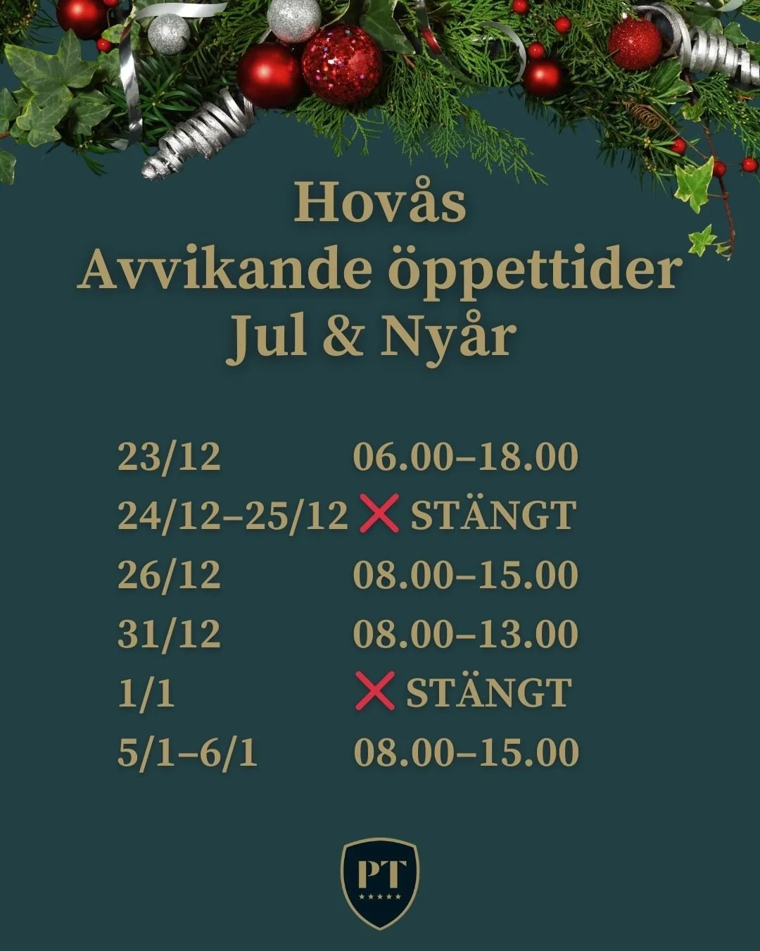 🎄Julen n&auml;rmar sig med stormsteg!

S&aring;h&auml;r har vi &ouml;ppet &ouml;ver jul och ny&aring;r s&aring; att du tr&auml;na hos oss &ouml;ver ledigheten!
Observera att det &auml;r olika tider f&ouml;r v&aring;ra olika anl&auml;ggningar!

Small