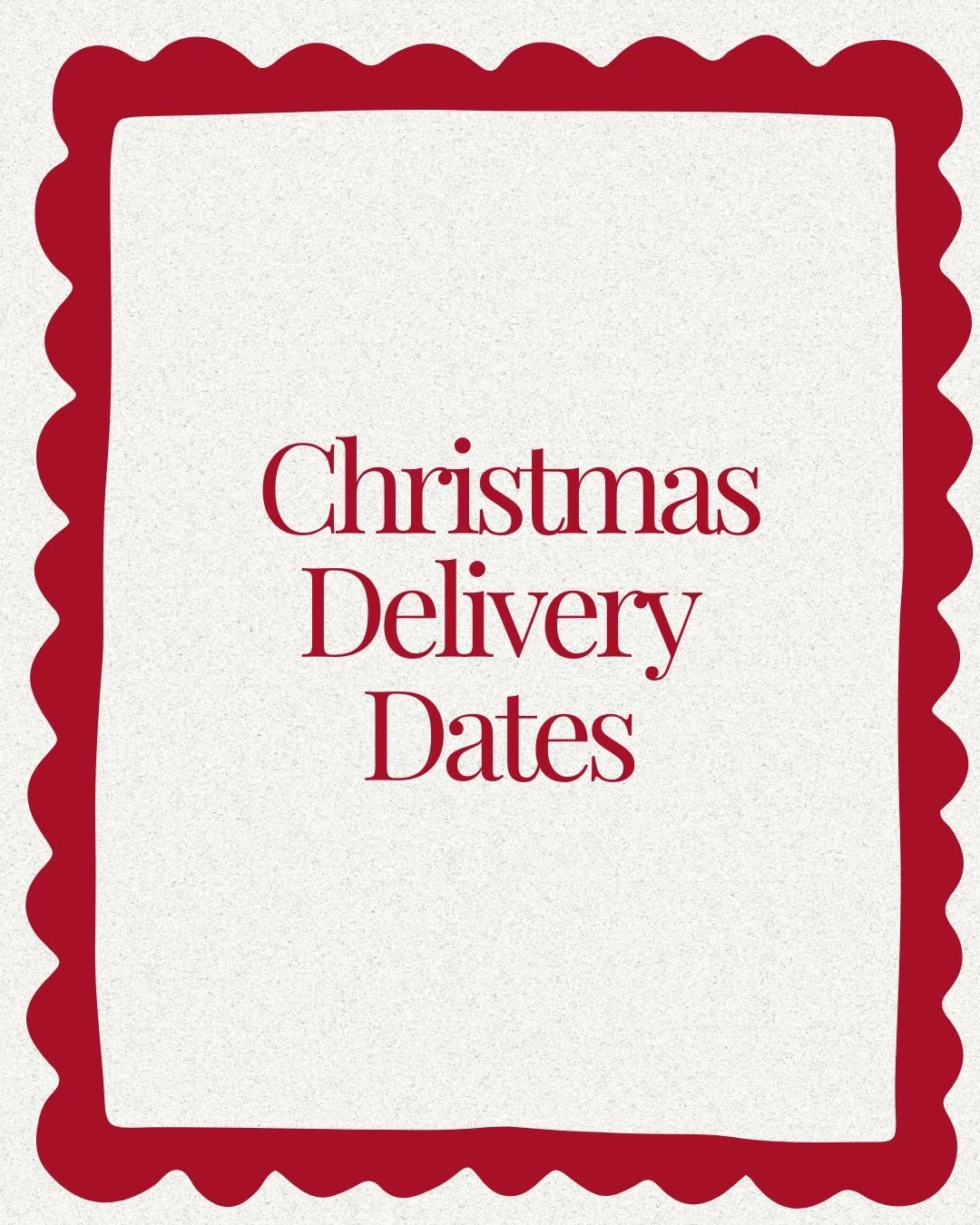 We&rsquo;re all about keeping the Christmas chaos to a minimum..

To make sure your goodies arrive right on time:

Last Delivery Before Christmas
🎄 22nd December | Order by 19th December, 12pm

First Delivery After Christmas
🎄 6th January | Order b