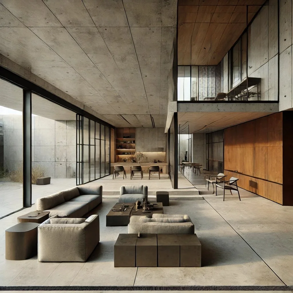 DALL·E 2024-08-18 17.57.11 - A modern living space with an industrial minimalist design featuring a combination of concrete finishes, rusted steel accents, and expansive glass wal.jpeg