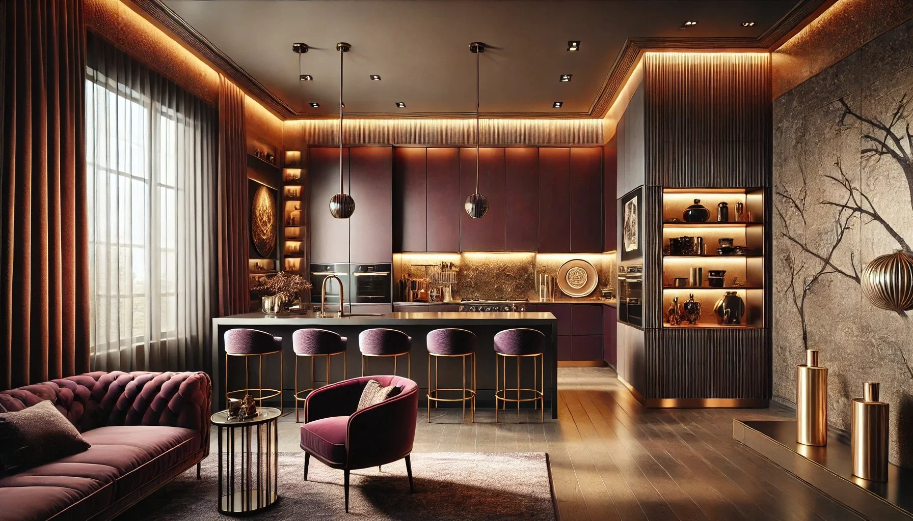 DALL·E 2024-08-20 10.44.16 - A luxurious kitchen inspired by the style of the provided living space. The kitchen features deep, rich tones like burgundy and dark purple, with eleg.jpeg