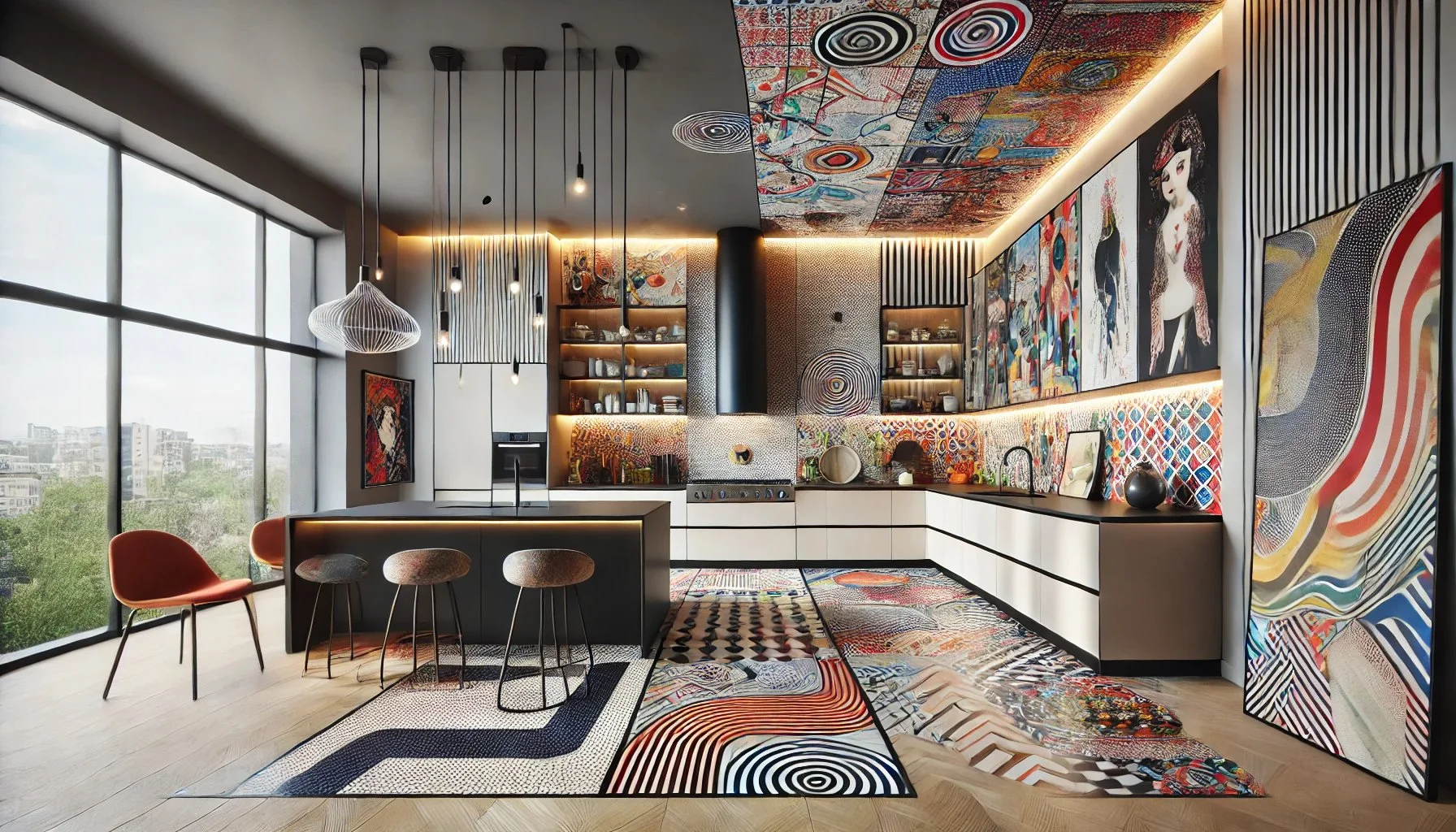 DALL·E 2024-08-20 10.37.47 - A large modern kitchen with eclectic design touches. The space features a spacious layout with sleek, contemporary cabinetry, vibrant patterned backs (1).jpeg