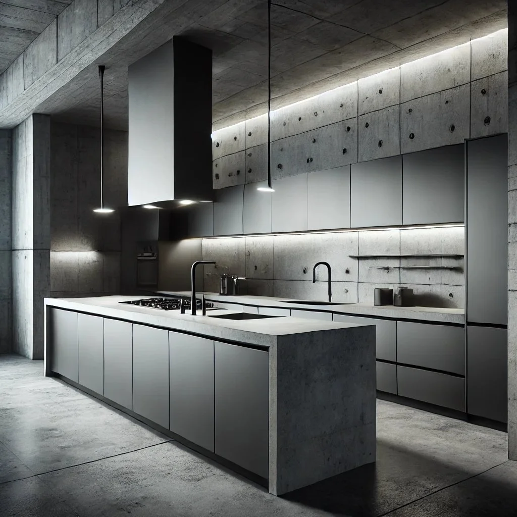 DALL·E 2024-08-18 17.54.04 - A modern and aggressive minimalist kitchen with concrete finishes. The kitchen features sleek concrete countertops, minimalist cabinetry, and industri.jpeg