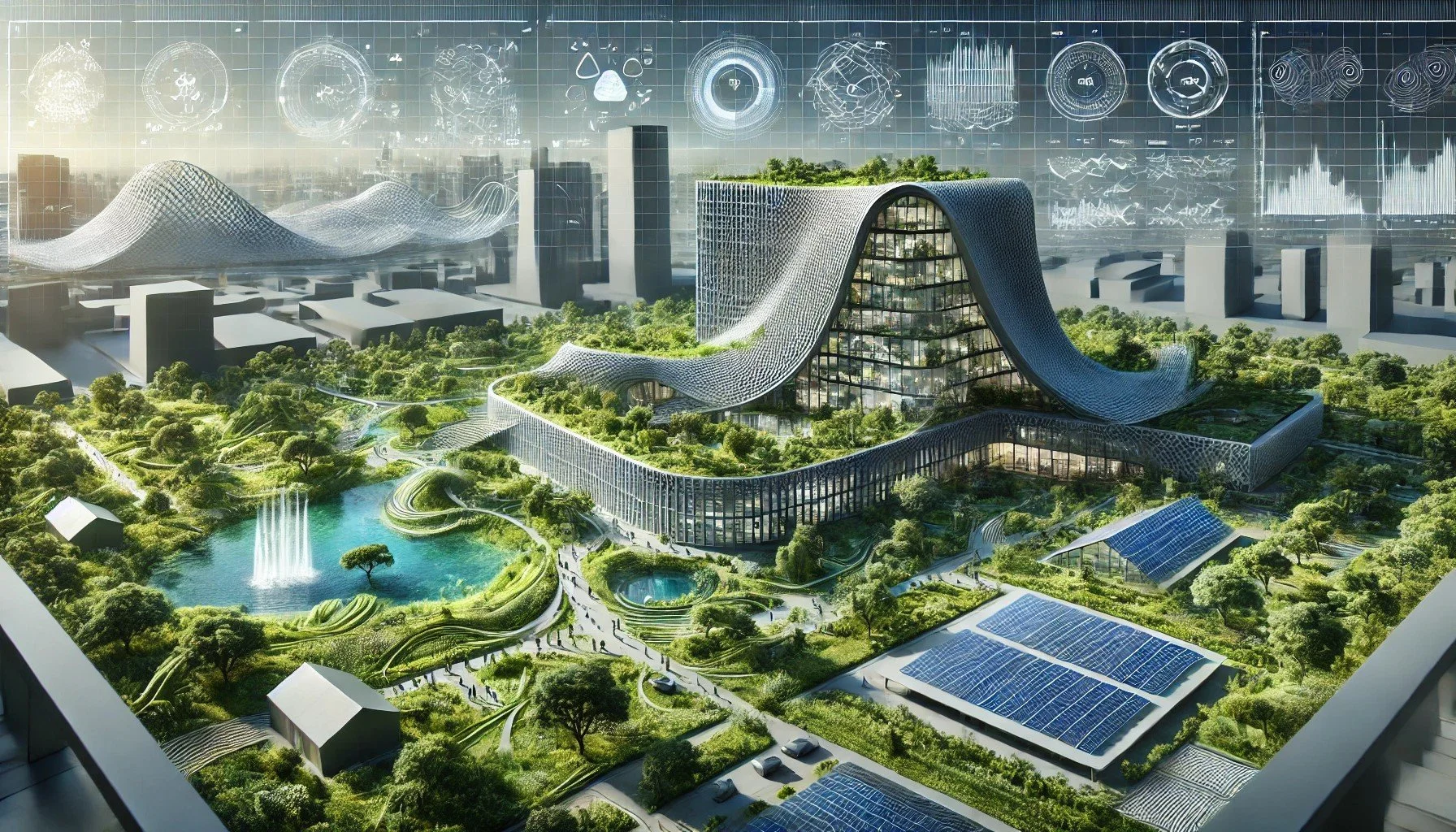 DALL·E 2024-08-20 13.08.16 - A high-performance building environmental design using parametric tools. The scene shows a futuristic landscape featuring a large modern building surr.jpeg