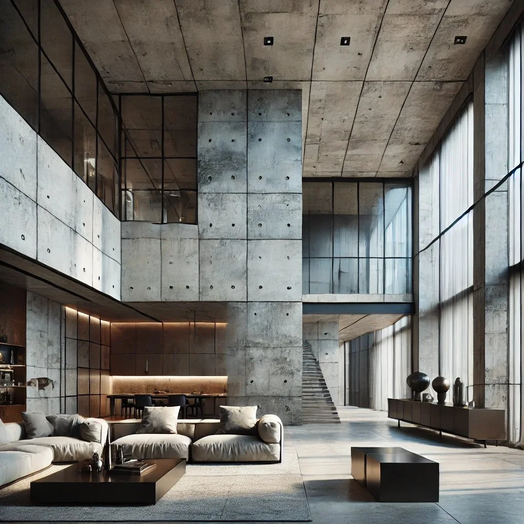 DALL·E 2024-08-18 17.57.21 - A modern living space with minimalist, industrial design featuring concrete finishes, rusted steel accents, and large glass facades. The space include.png.jpeg