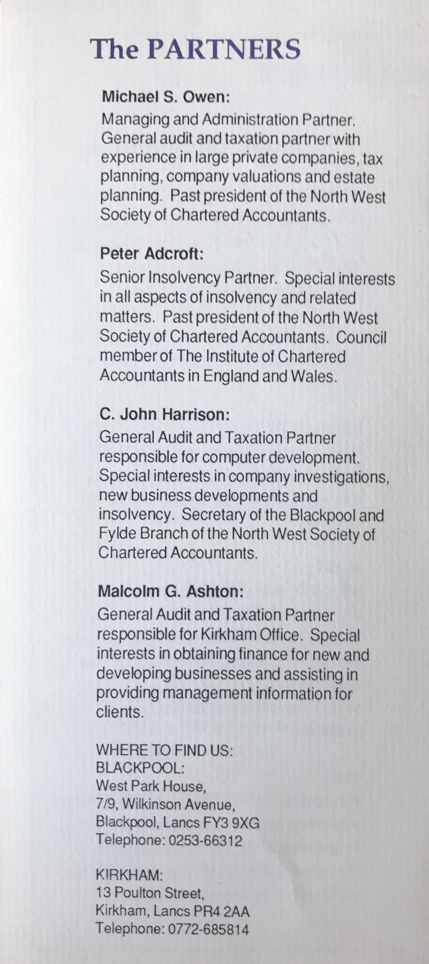 Text page listing partners of a firm, including Michael S. Owen, Peter Adcroft, C. John Harrison, and Malcolm G. Ashton, with contact information for Blackpool and Kirkham locations.