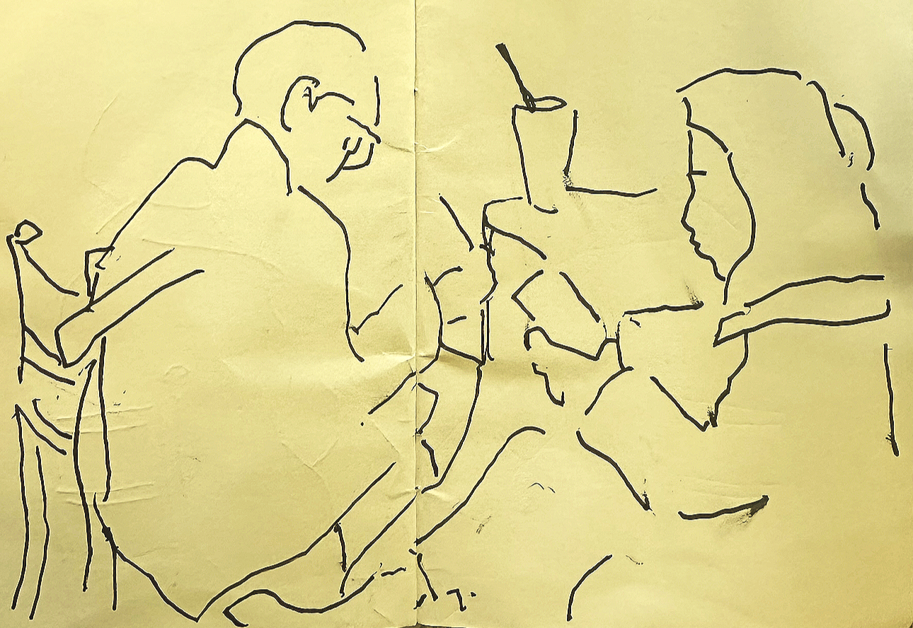Sketch of two people sitting at a café table in London