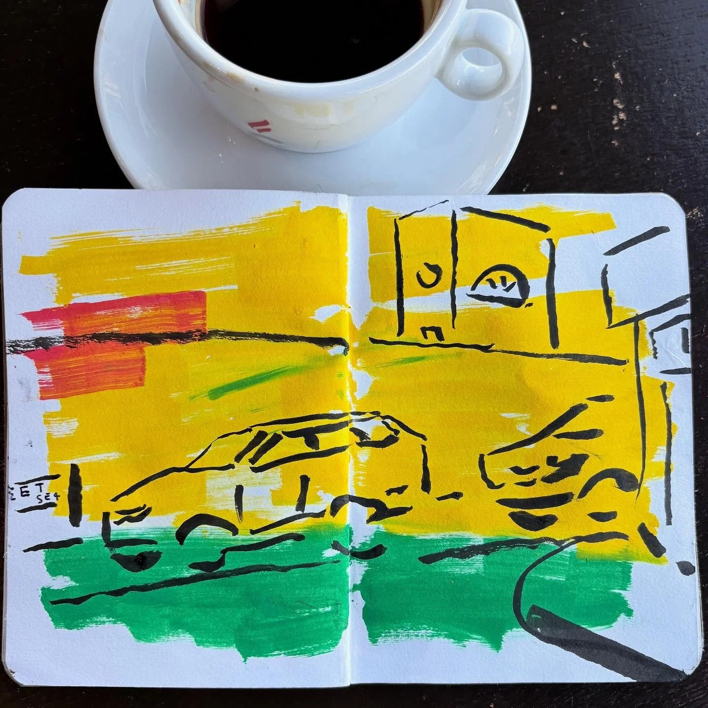 Cold autumn morning sketch at @georgescafebrockley ☕️✏️
Colours warming up the chill outside.
.
#walktosee #goodshipillo #urbansketch #coffeetime #brockley #southlondon #sketchbook #penandink #sketchinglife #everydayartist #cafesketch #autumnmorning