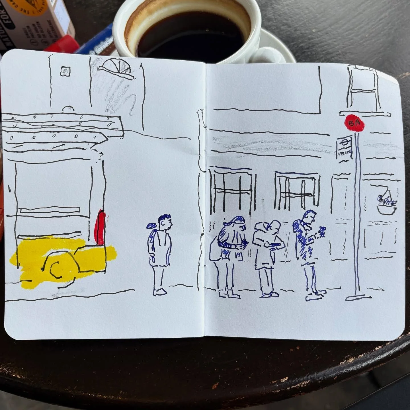 People at bus stop morning coffee sketch @georgescafebrockley ☕️✏️
.
#walktosee #goodshipillo #urbansketch #sketchbook #penandink #coffeetime #brockley #everydayartist #sketchinglife #drawingfromlife #georgescafebrockley