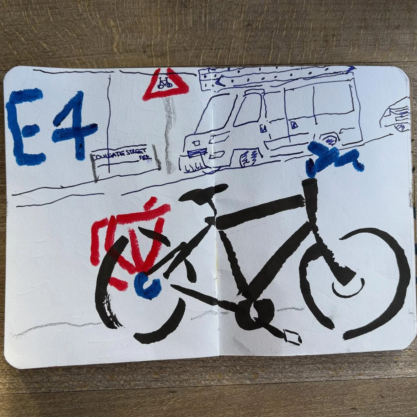 Coffee and a bike sketch outside @georgescafebrockley 🚲☕️ 
.
.
#walktosee #goodshipillo #urbansketch #coffeetime #brockley #georgescafebrockley #sketchbook #penandink #cyclingsketch #coulgatestreet #everydayartist #londonartist #morningcoffee #bikel