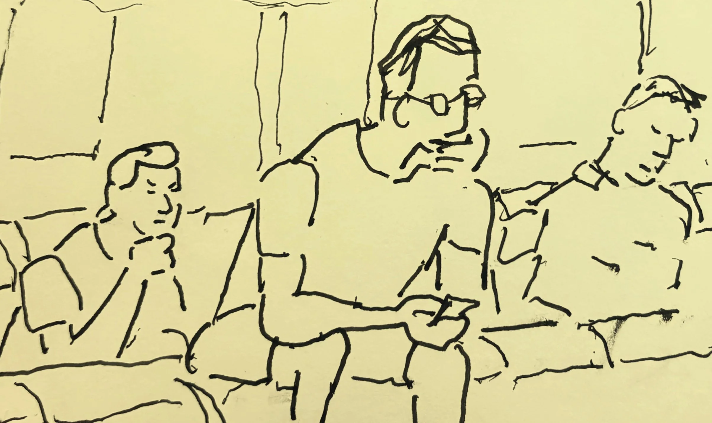 Three people seated together, observational sketch showing different individuals in a shared space