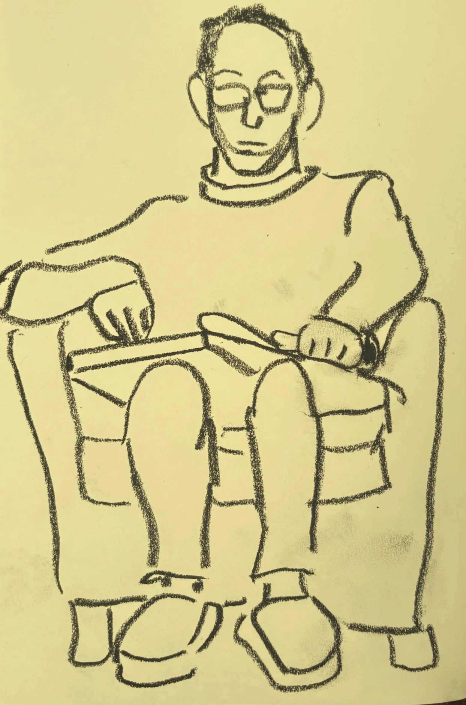 Sketch of a person sitting in an armchair, looking down in a calm, reflective pose