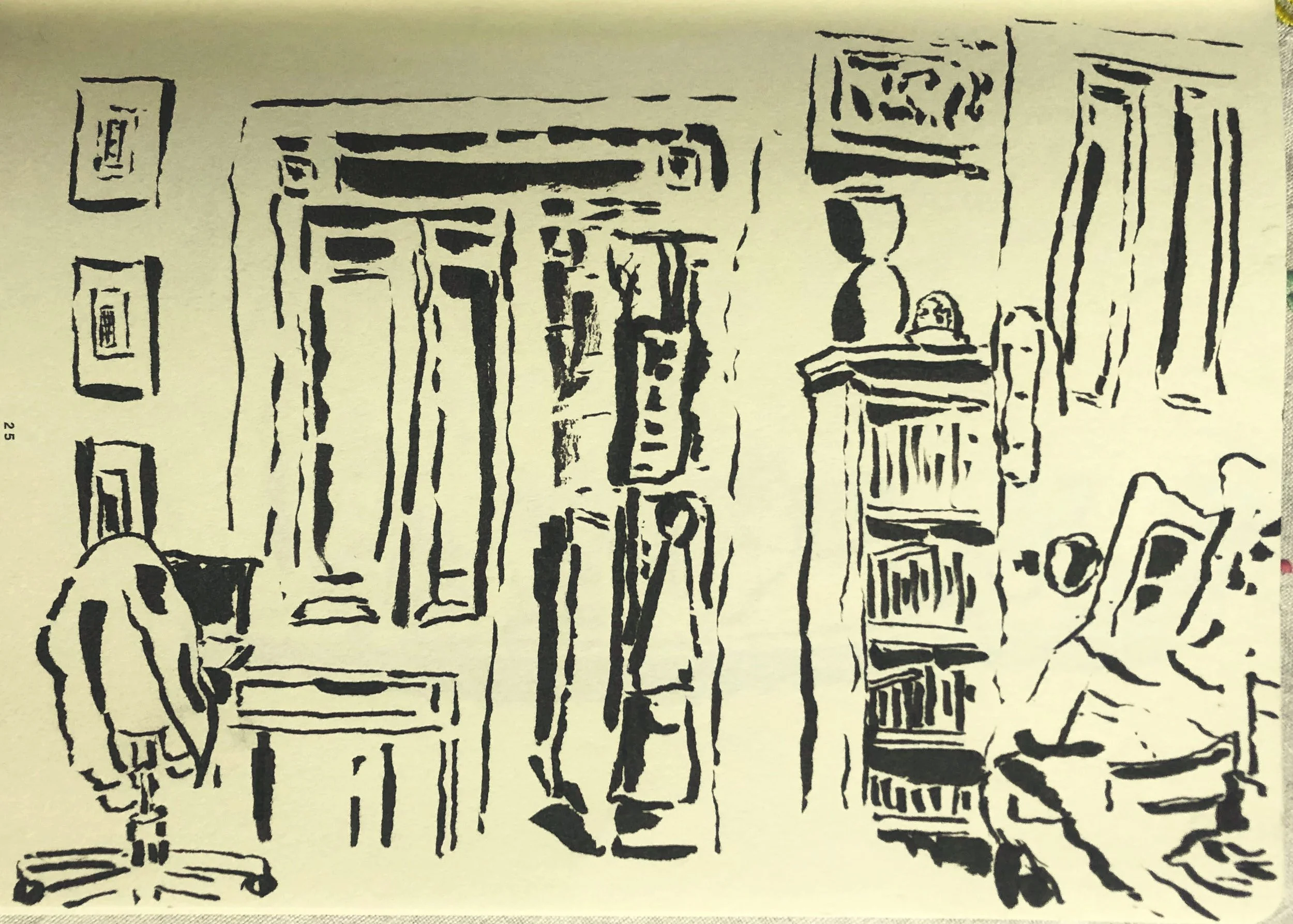 Black ink sketch of an interior scene