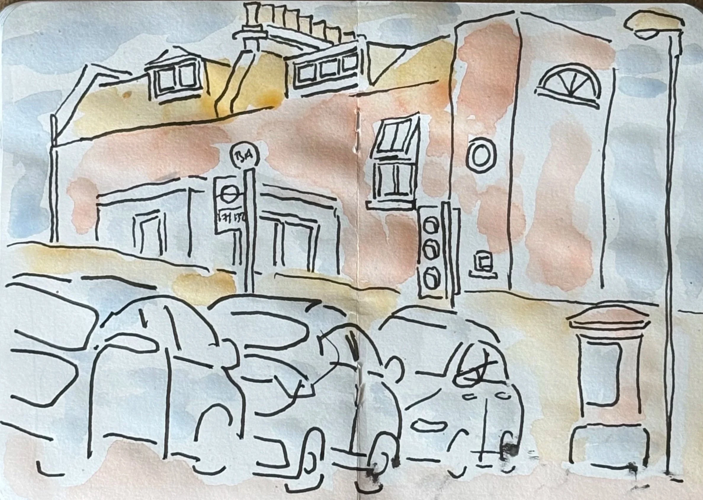 Watercolour and ink drawing of a street with parked cars