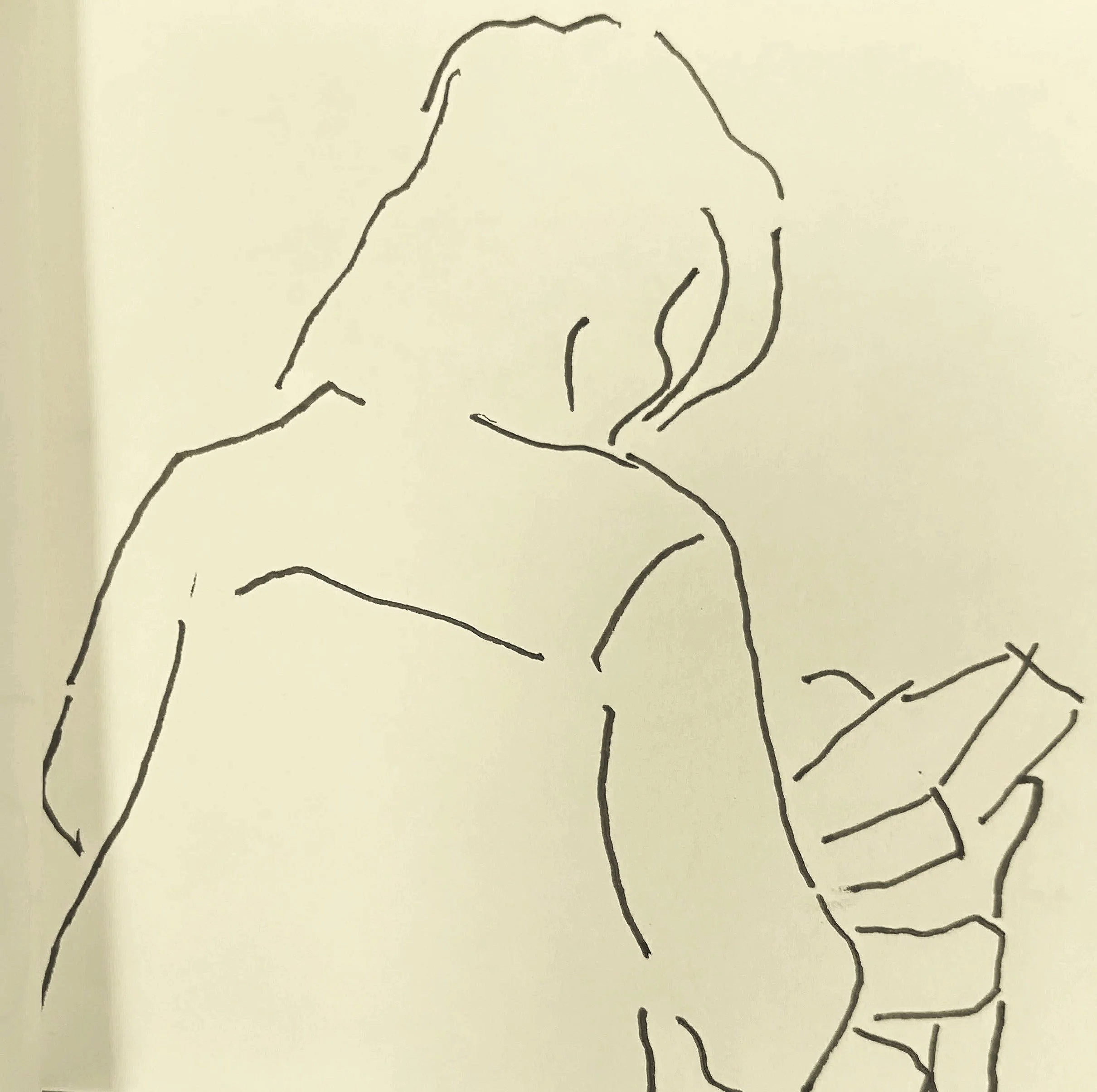 Person seen from behind in a calm, reflective posture, sketch drawing