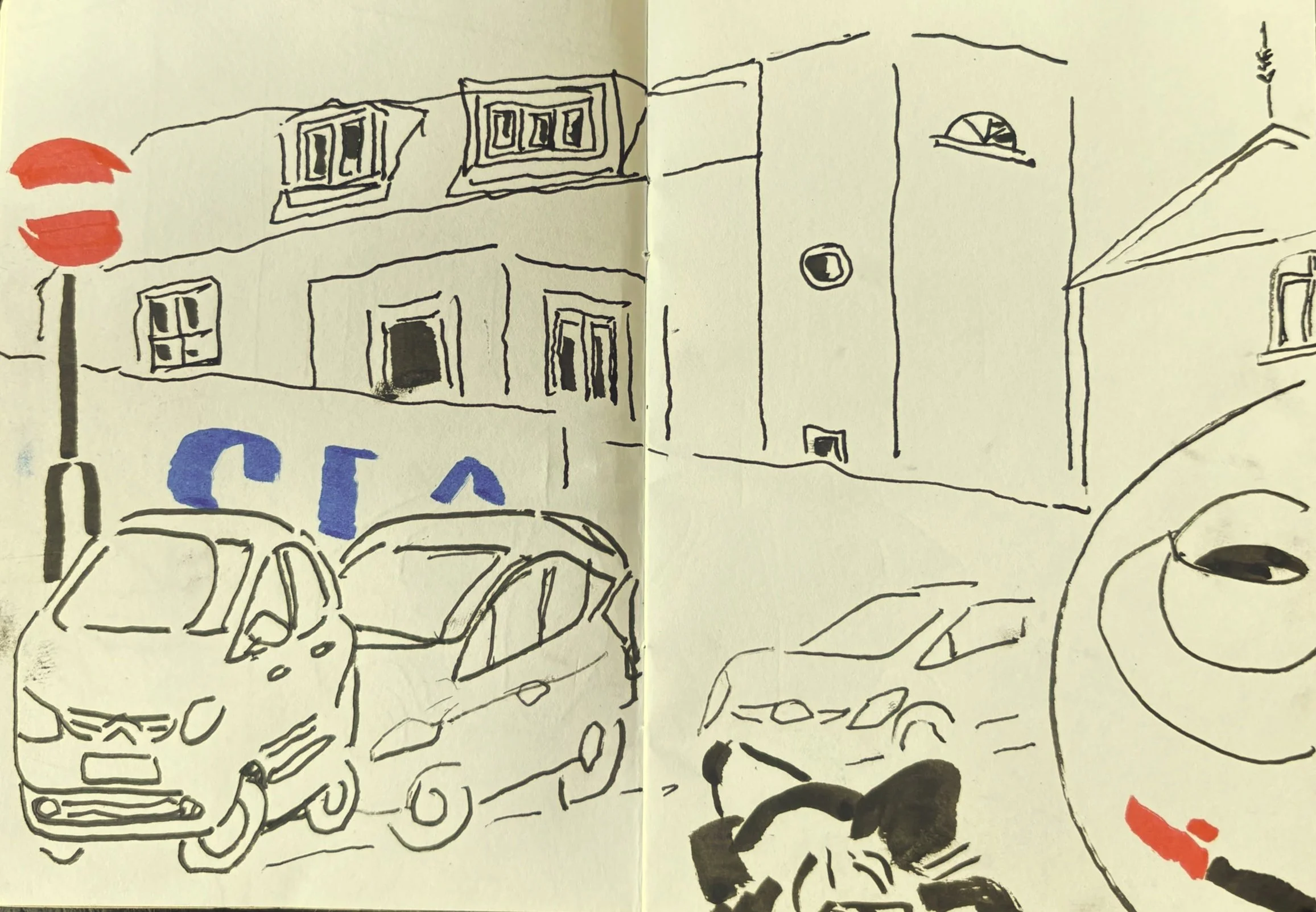 Observational street sketch showing buildings and vehicles
