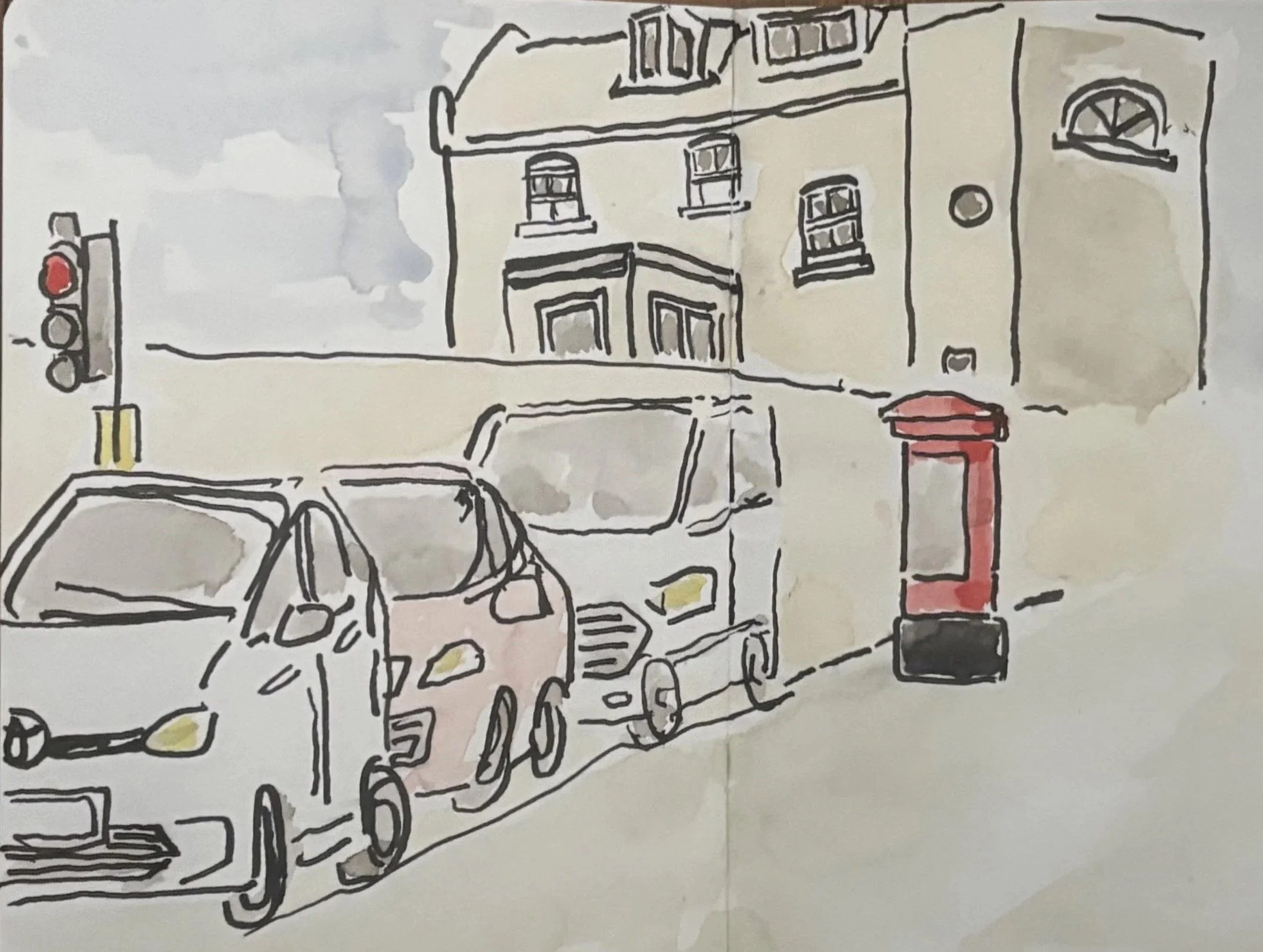 Watercolour street scene with buildings and parked vehicles