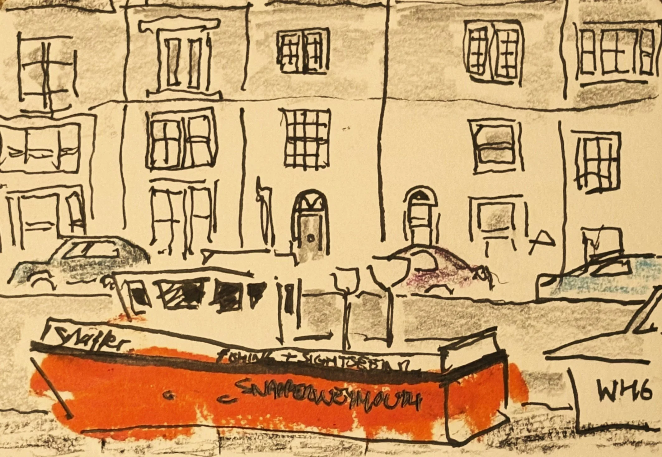 Sketch of a street scene with buildings and a brightly coloured boat in the foreground.