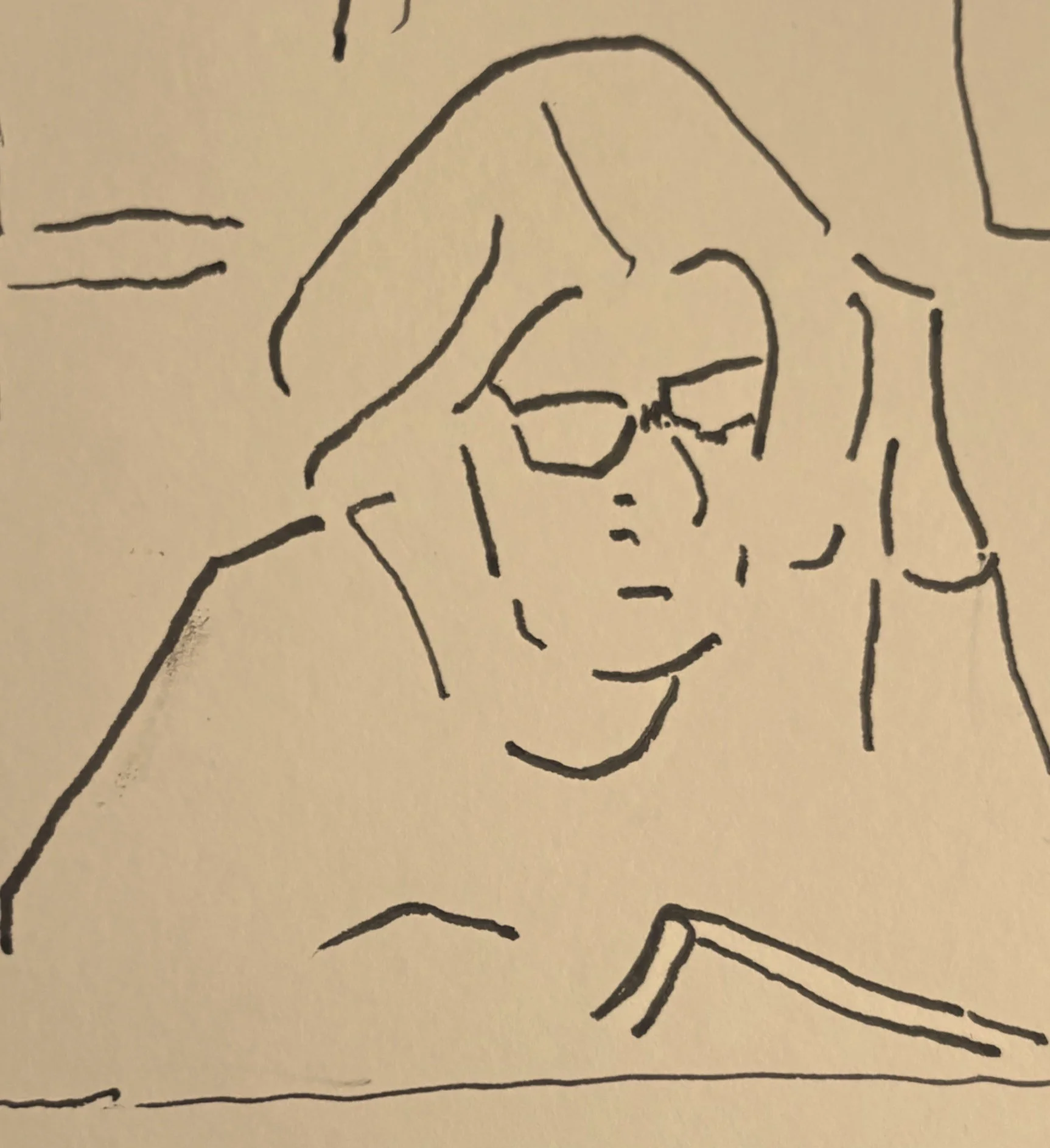 Minimal line drawing portrait of a person wearing glasses, calm and composed expression