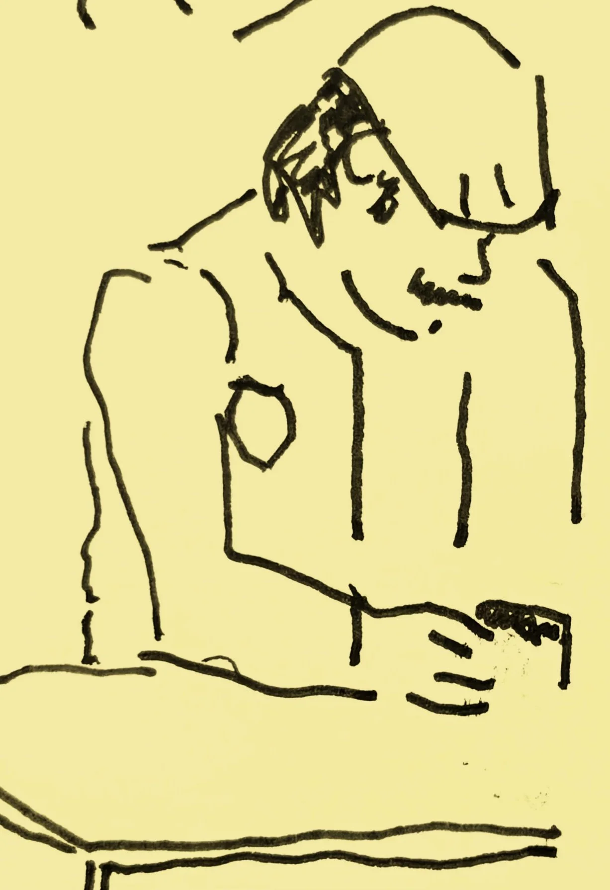 Man sitting alone looking at his phone, reflective mood, sketch drawing