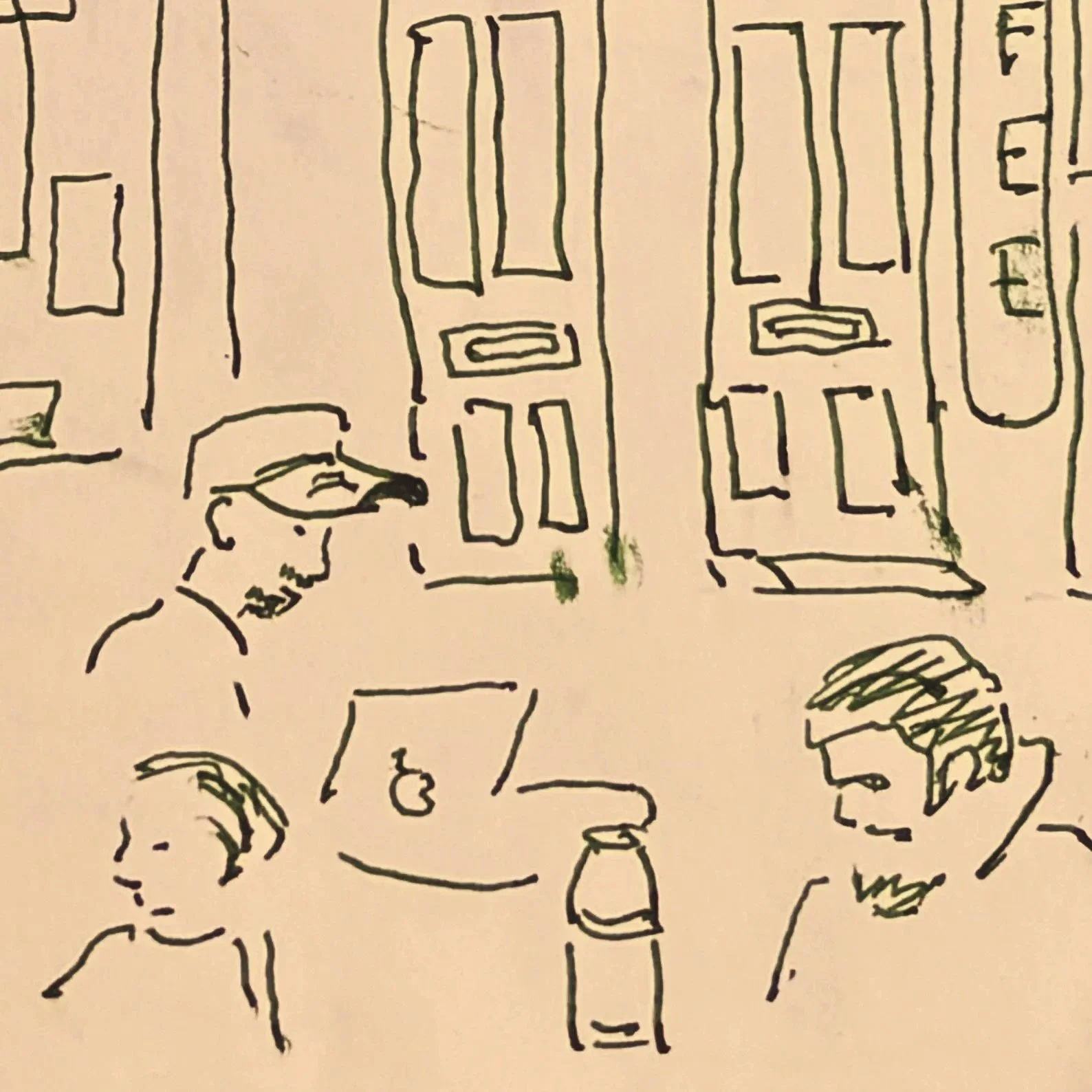 Sketch of people sitting together at a table, capturing an everyday social scene with a reflective mood