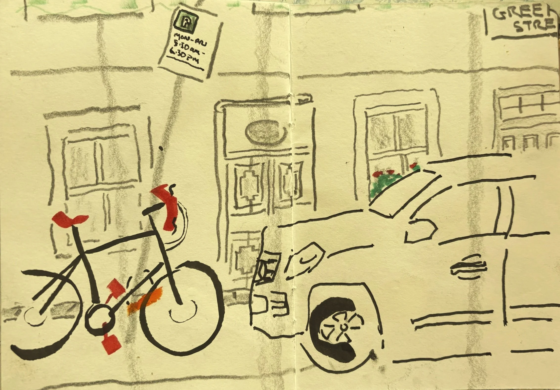 urban street sketch with bicycle and passing car, capturing a moment of movement and change