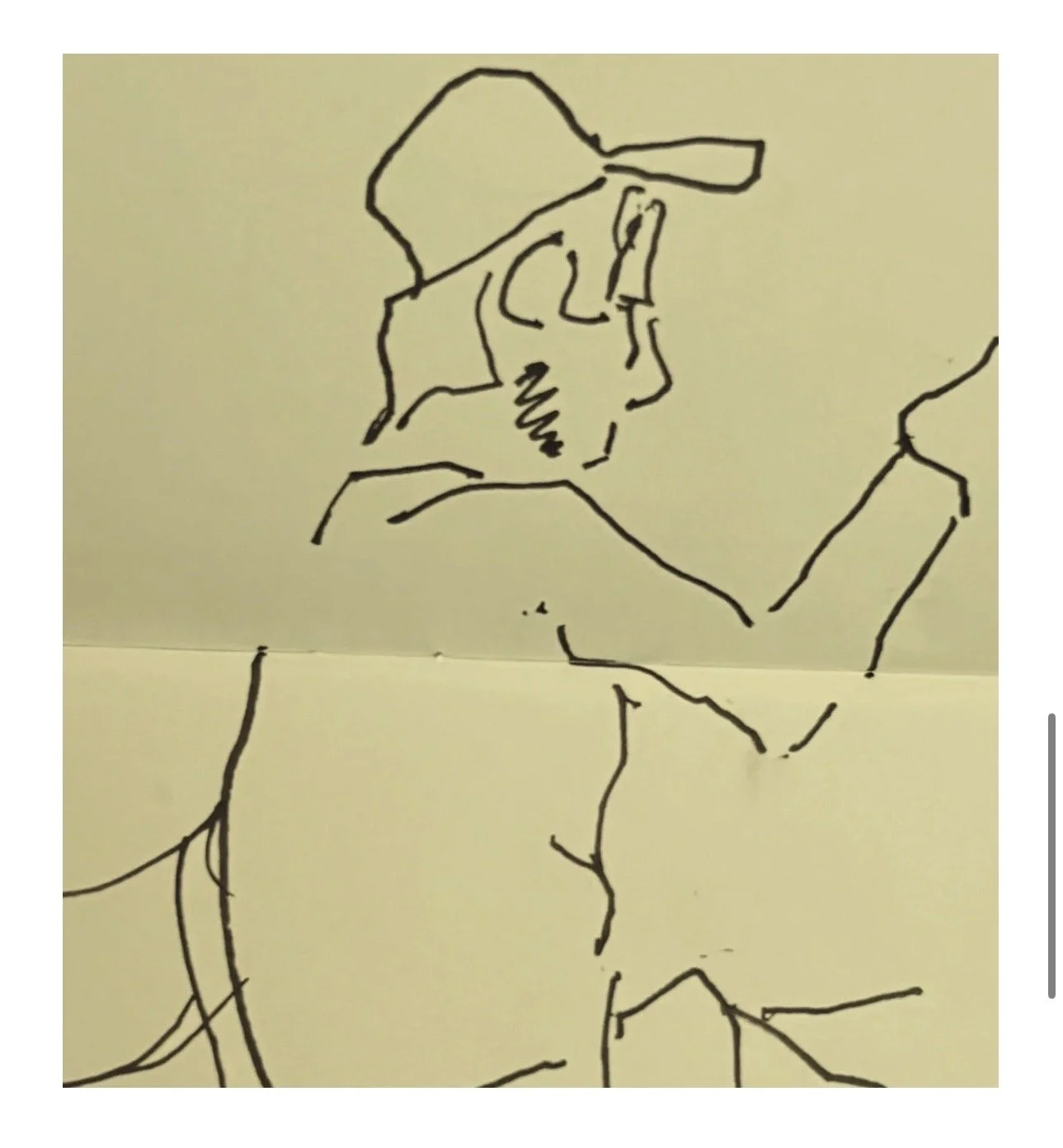 Sketch of a man wearing a cap on a warm summer day.