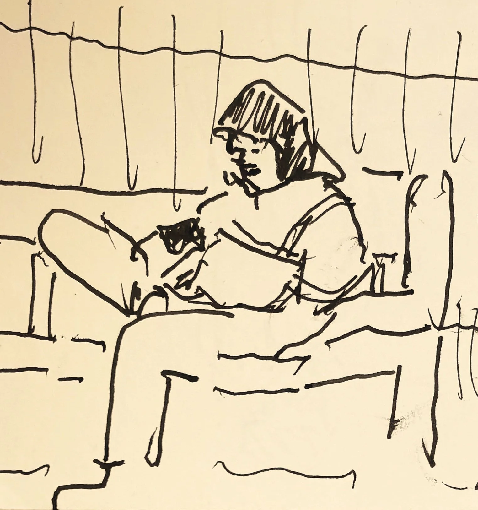 Line drawing of a person sitting alone, looking down, suggesting introspection or emotional overwhelm