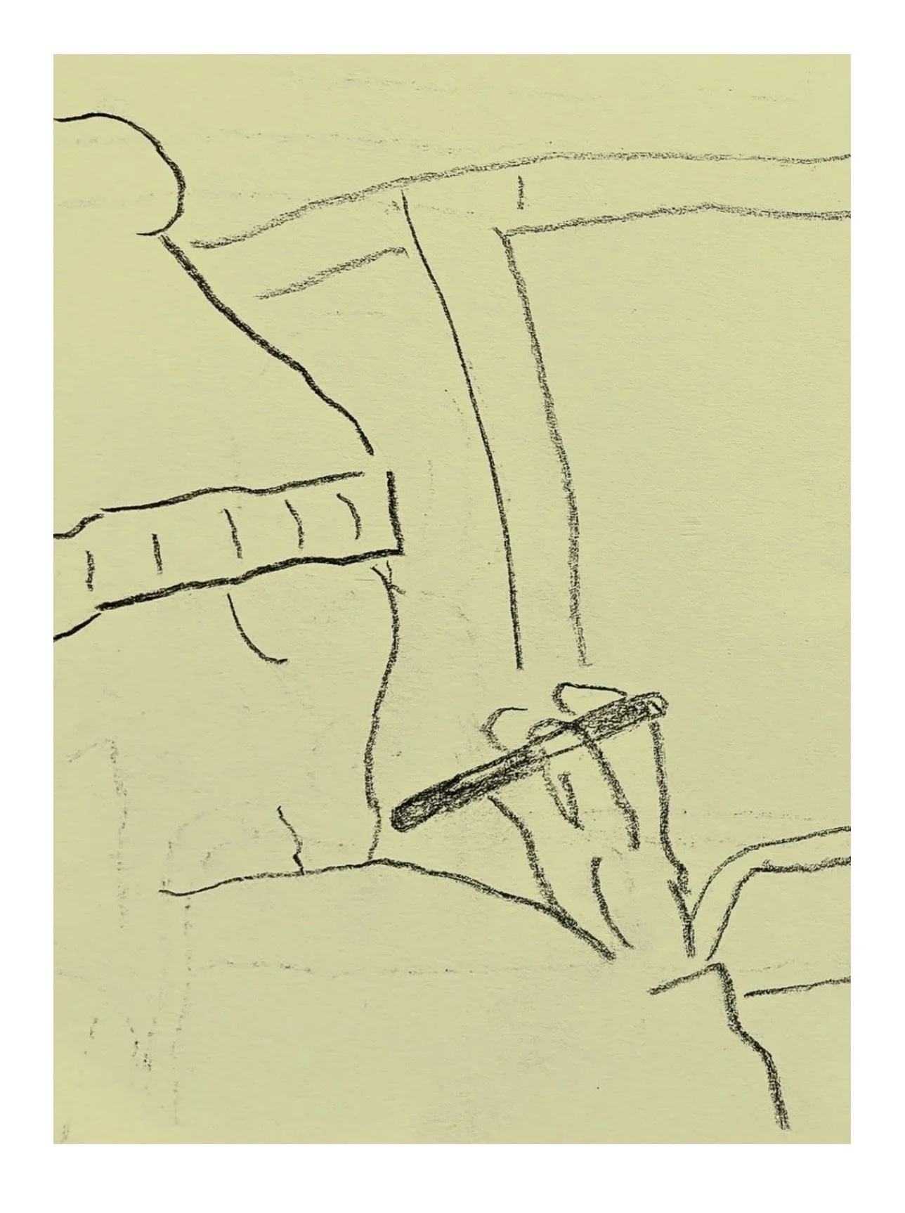 Sketch of a man wearing a woolly hat while using his phone on a bus.