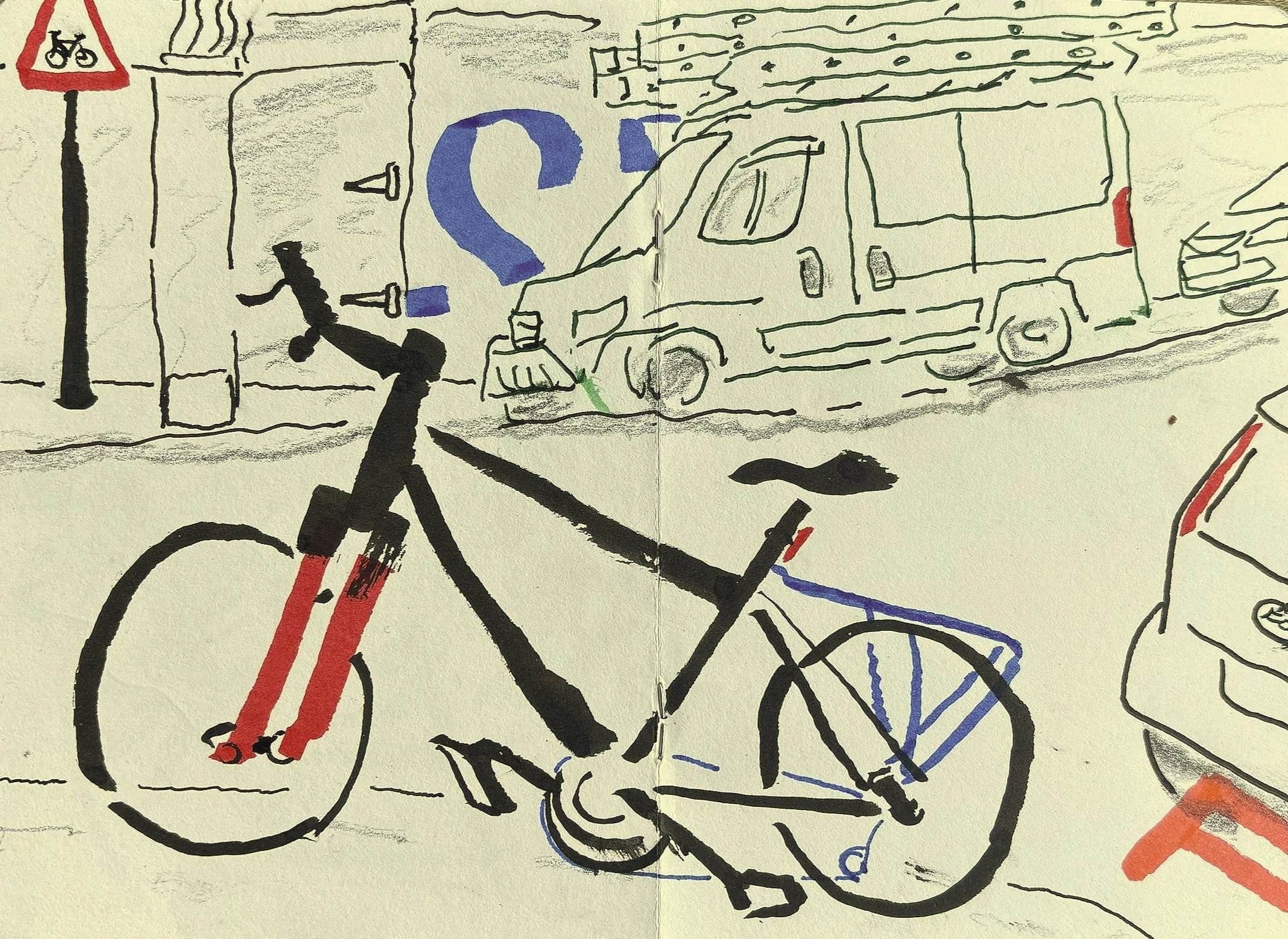 Sketch of a bicycle on a street with a van and road sign in the background