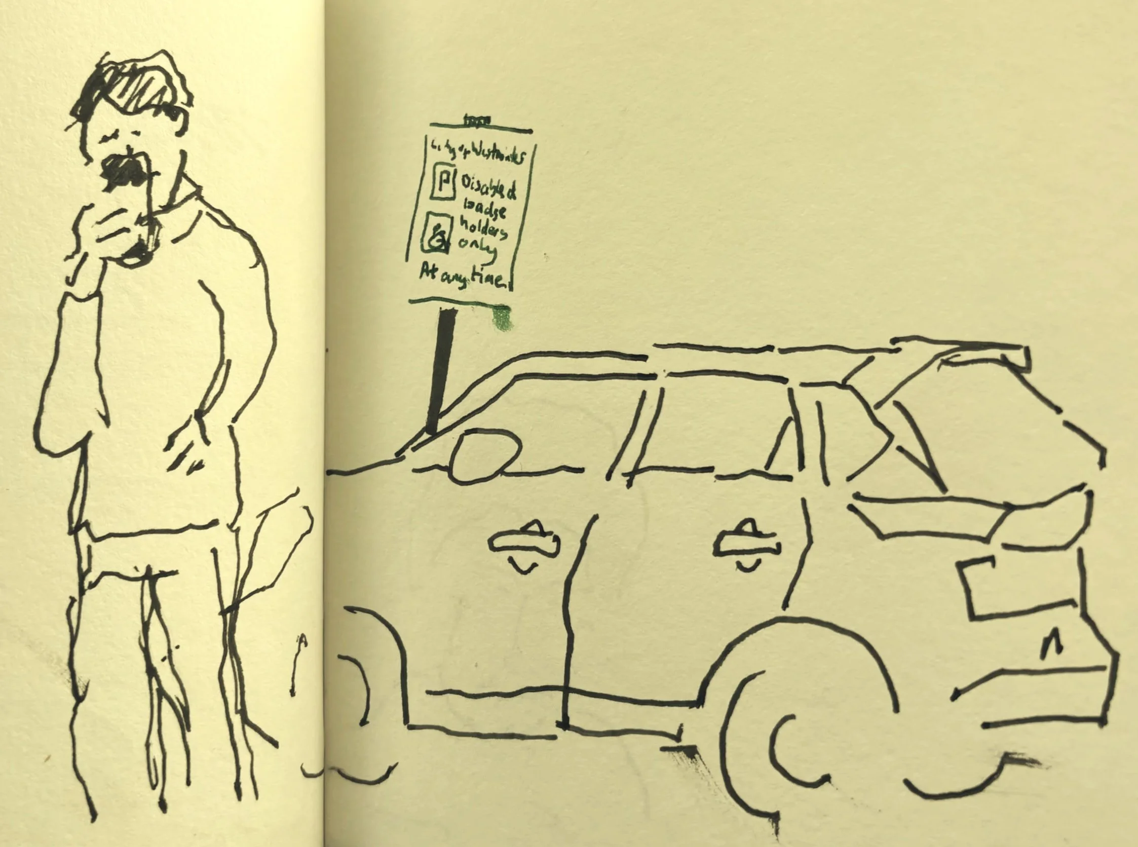 Street scene with person and parked car, everyday moment sketch
