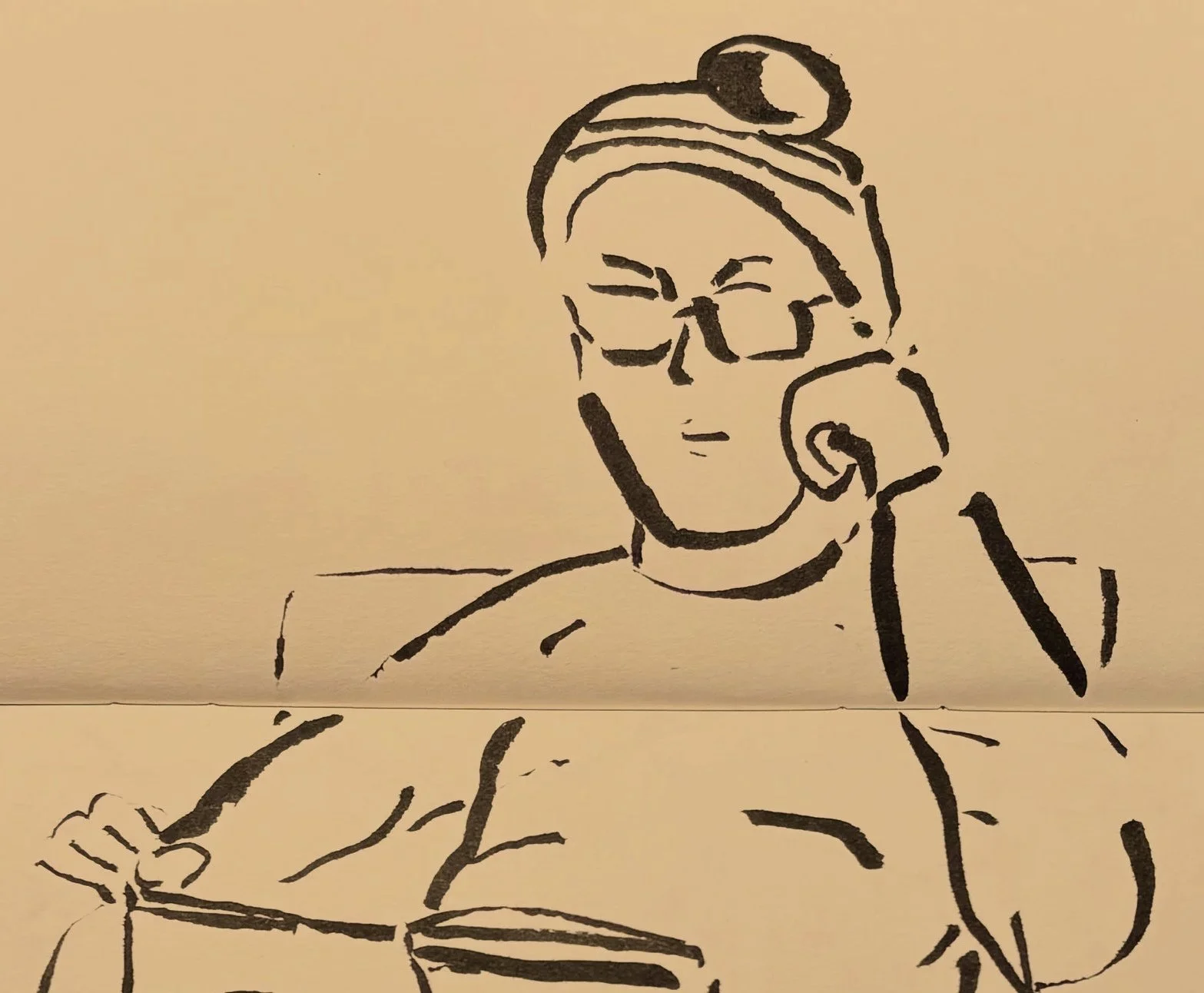 Ink drawing of a tired figure seated, suggesting the need to slow down and reset