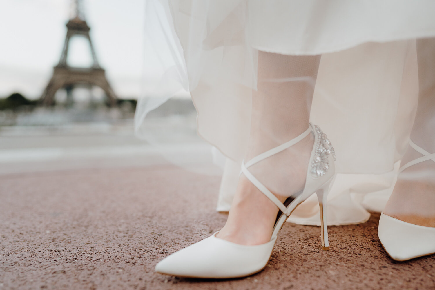 Bride Eiffel Tower view wedding shoes