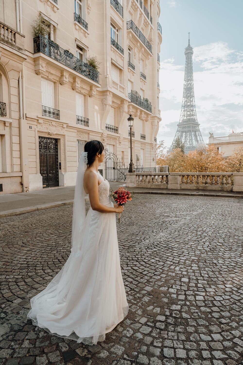 Bride wedding Eiffel Tower view Paris France