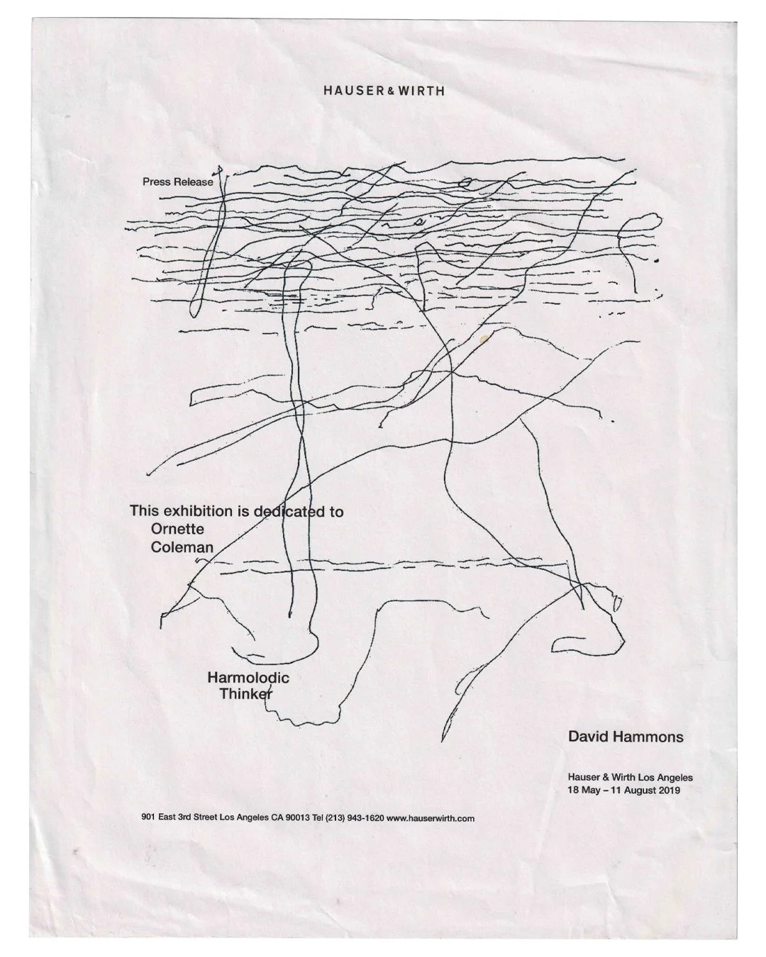 David Hammons — Harmolodic Thinker, Hauser & Wirth Los Angeles, 2019 — original xeroxed press release with hand-drawn line composition, dedicated to Ornette Coleman