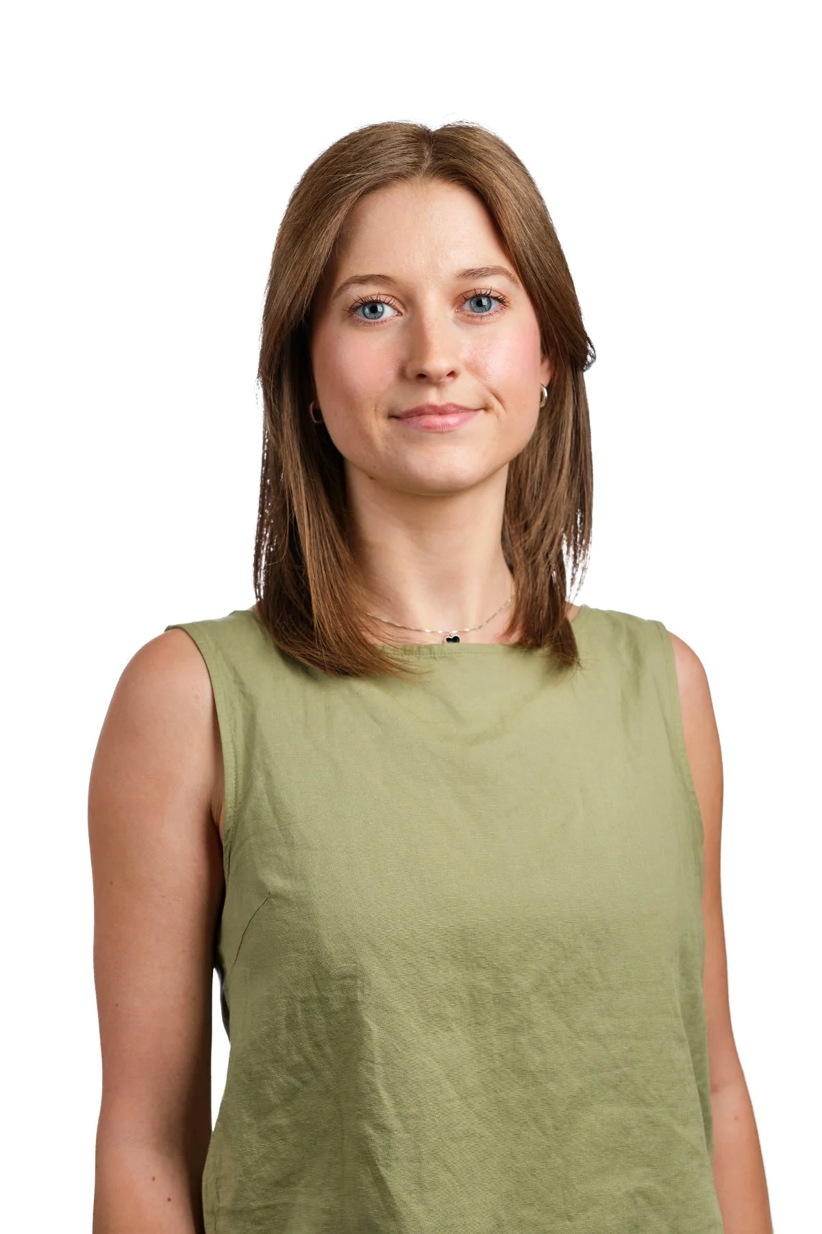 Professional headshot photograph for a woman wearing a green top, white background - Stratford-upon-Avon.jpg