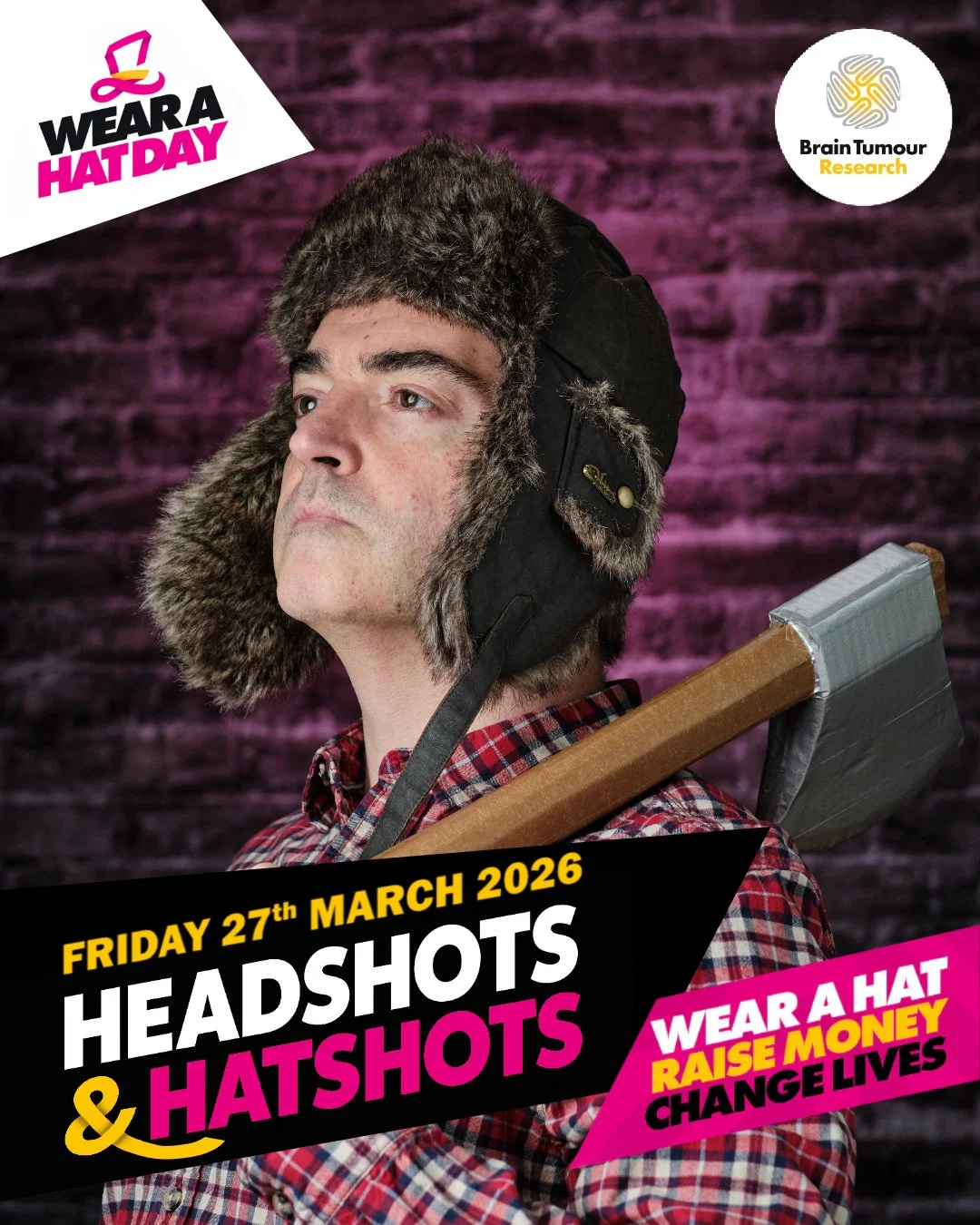 Headshot portrait promoting a charity photoshoot in Leamington Spa - trapper hat