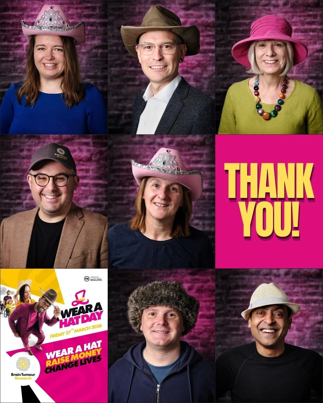 A collage of portraits of people wearing hats