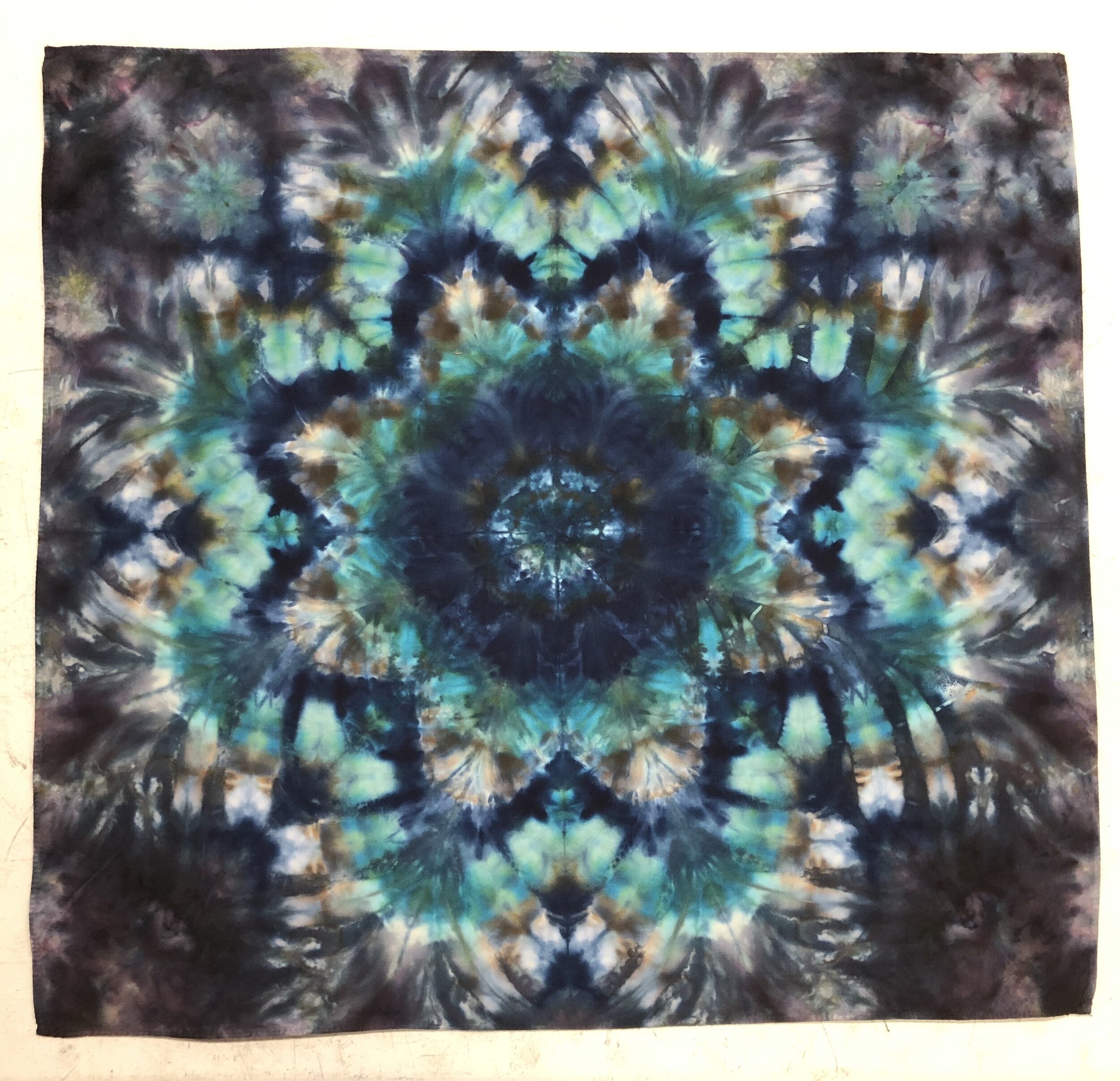 "Star Flower" mandala, rubber bands, ice dyed
