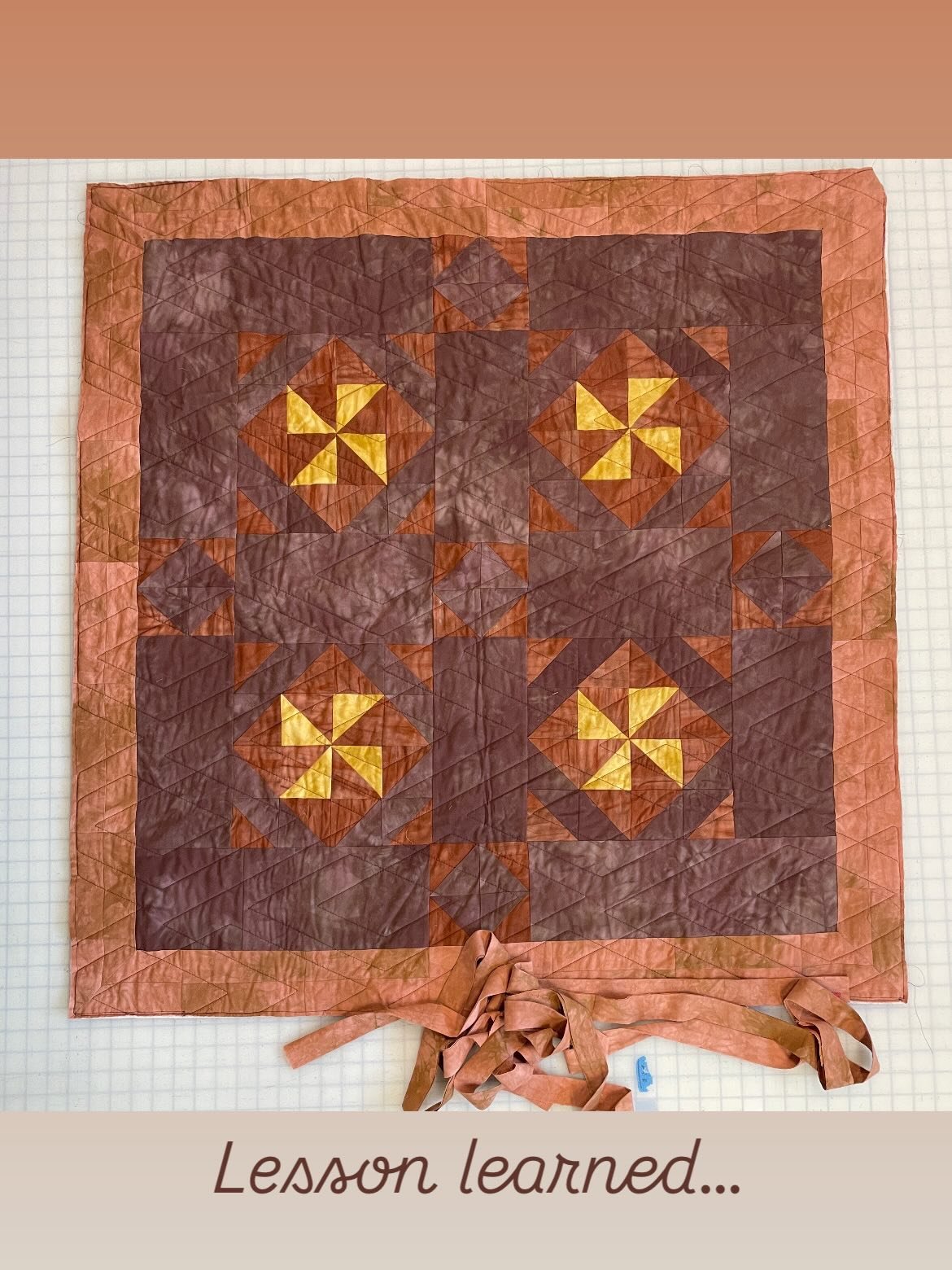 Quiltfest Day 7 prompt is &ldquo;lessons learned&rdquo; and this little quilt from June 2022 is the one that came to mind first. The lesson was:

Contrast DOES matter! 🤦🏻&zwj;♀️

Yes, I love monochromatic, colorwashed outfits. Yes, I will wear a do