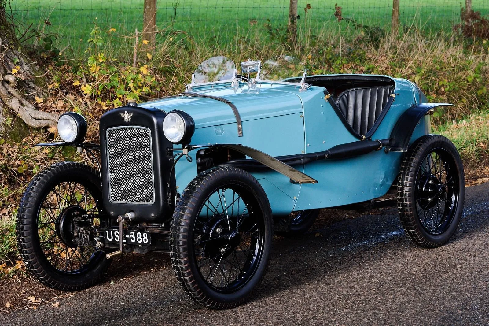 A vintage blue open-top car with black accents parked on a roadside next to grass and bushes.