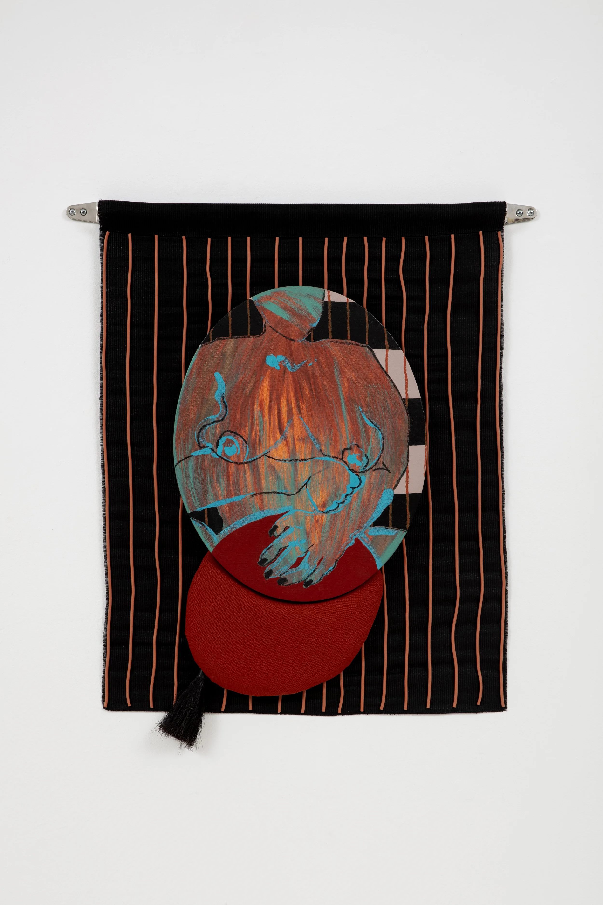 BEHIND THE CURTAIN, 35x31'', ACRYLIC AND OIL STICK ON CANVAS, FABRIC, RUBBER, HORSEHAIR, 2024, $2800